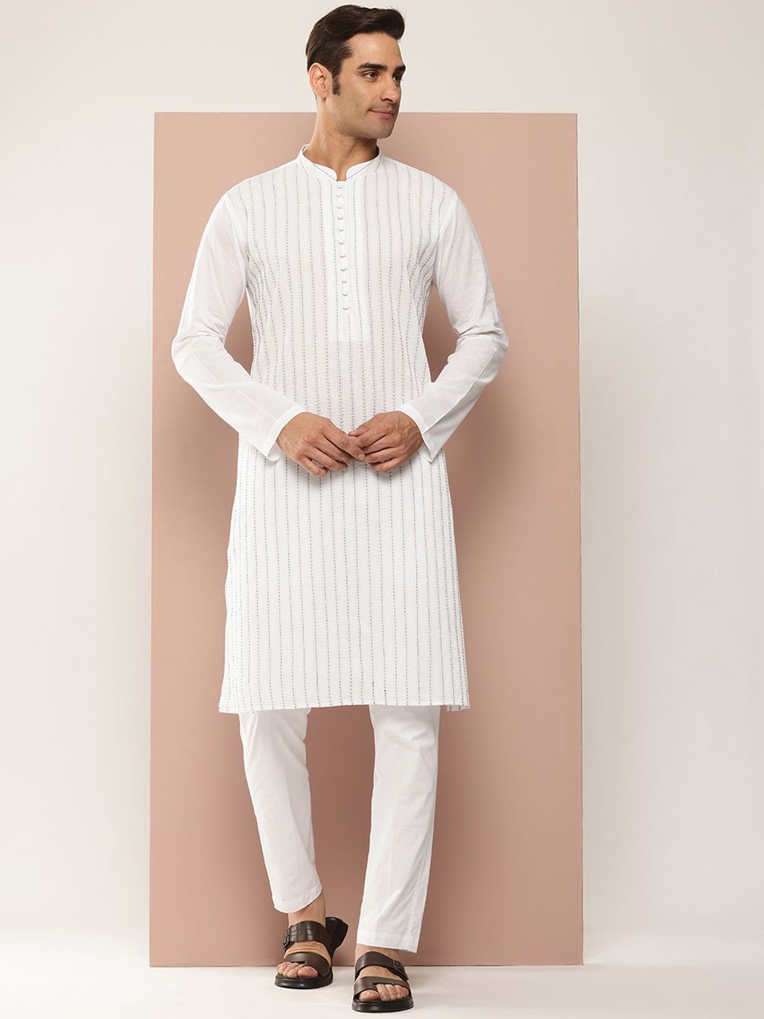 

See Designs Mandarin Collar Striped Embroidered Kantha Work Pure Cotton Straight Kurta, White