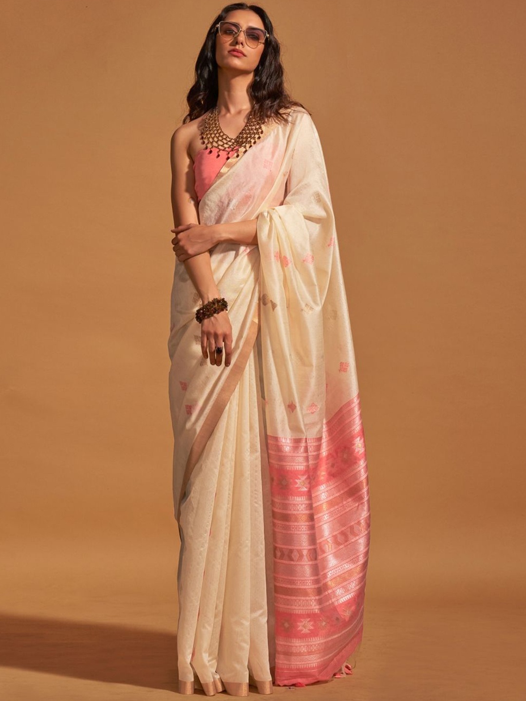 

BLENDIFY Woven Design Zari Banarasi Saree, Cream
