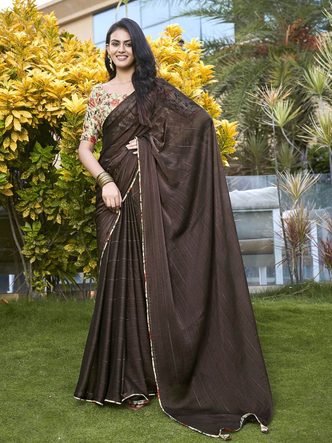 

NIRMAL CREATION Striped Pure Chiffon Saree, Brown