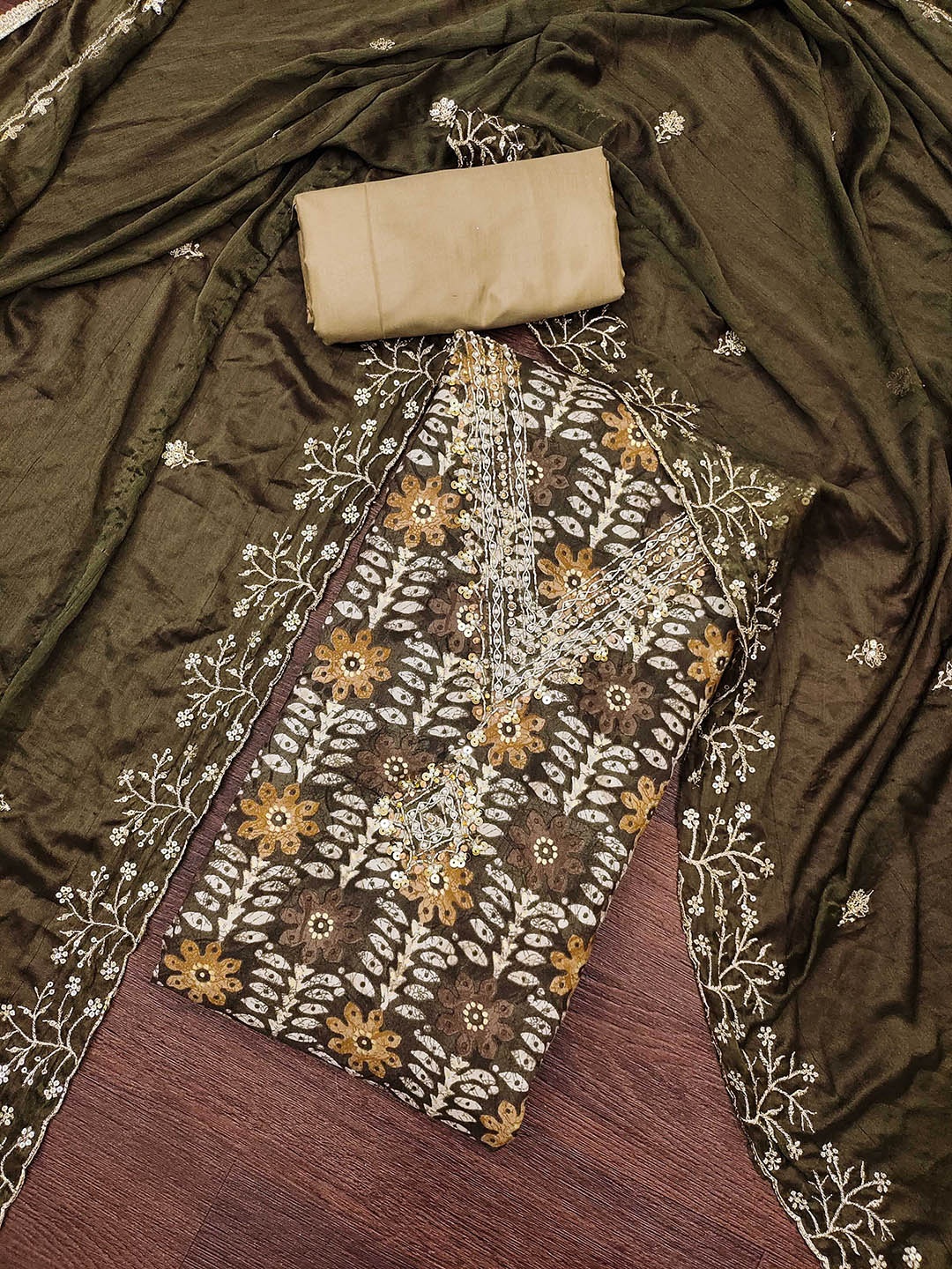 

HERE&NOW Floral Embroidered Unstitched Dress Material, Brown