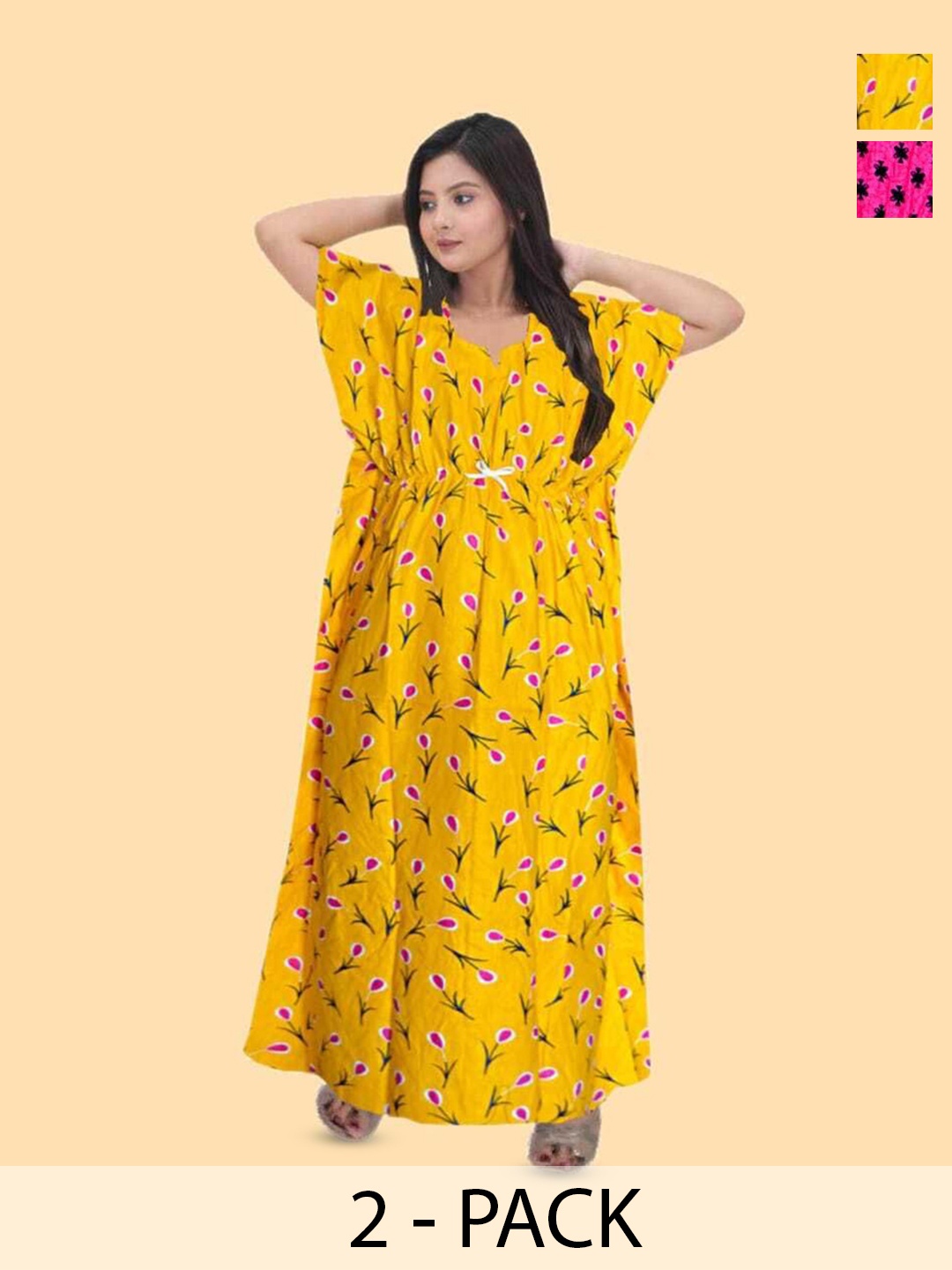 

PR PINK ROYAL Women Pack of 2 Printed Pure Cotton Maxi Kaftan Nightdress, Yellow