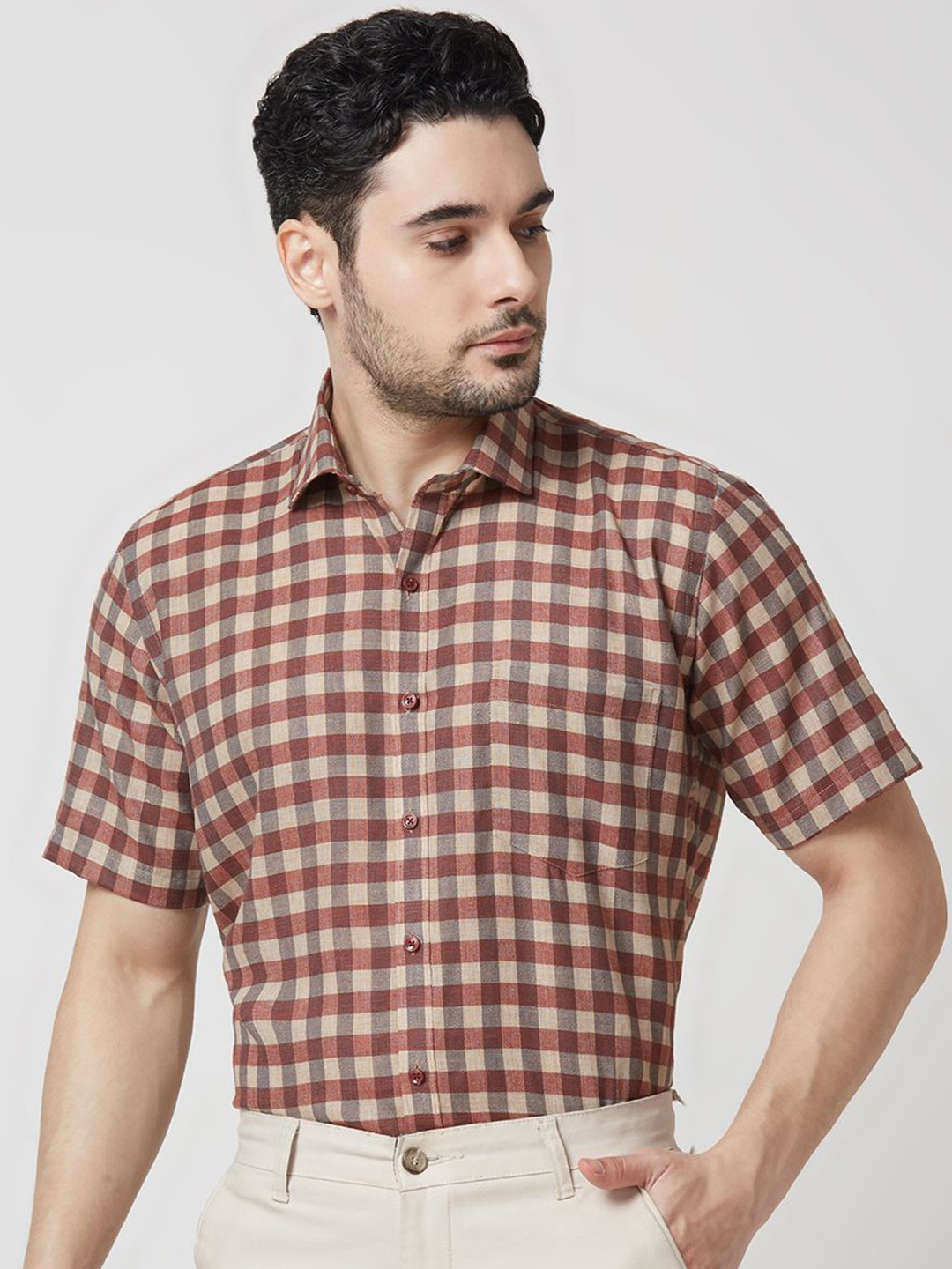 

MARK & ALBERT Men India Slim Fit Spread Collar Checked Cotton Formal Shirt, Rust