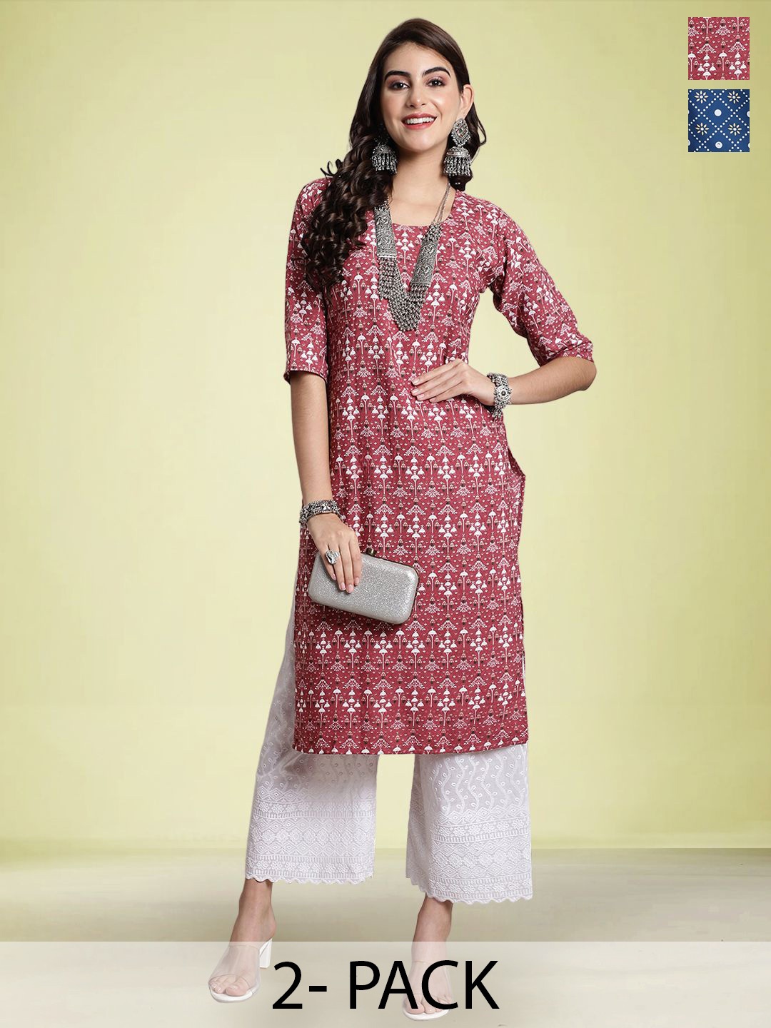 

Moda Rapido Set of 2 Ethnic Printed Round Neck Straight Kurtas, Pink