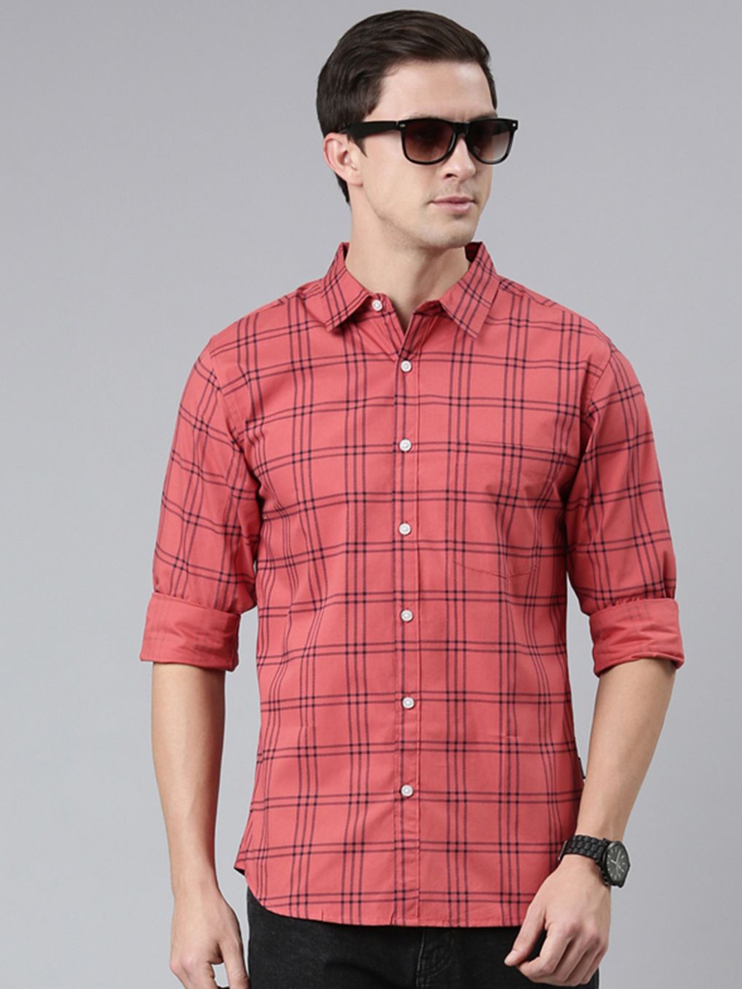 

Provogue Men Slim Fit Spread Collar Checked Cotton Casual Shirt, Red