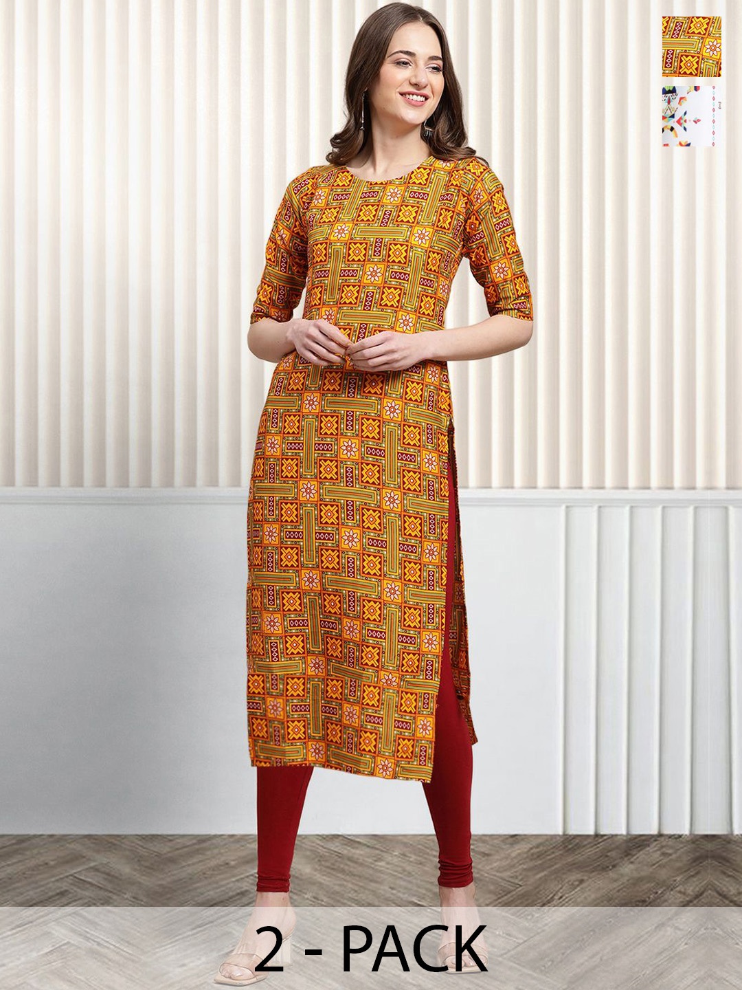 

Moda Rapido Set of 2 Ethnic Printed Round Neck Straight Kurtas, Mustard