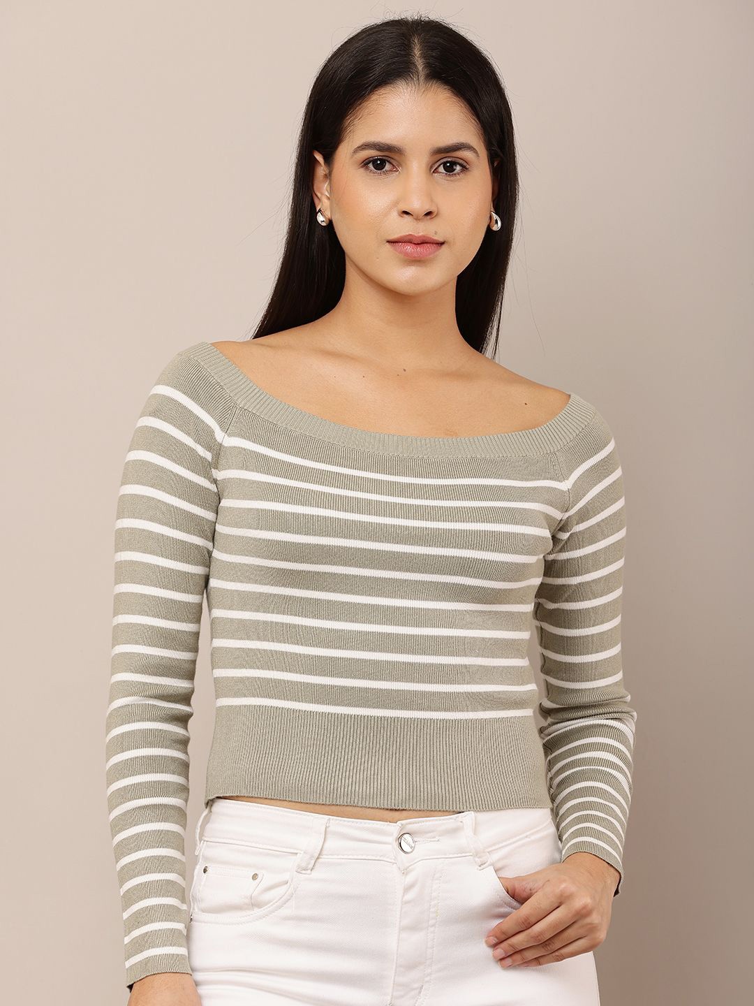 

NoBarr Women Striped Boat Neck Pullover, Grey