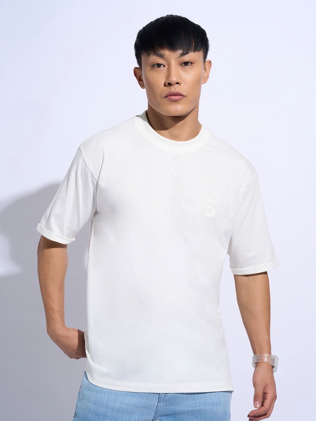 

SF JEANS by Pantaloons Men Solid Round Neck Cotton Oversized T-shirt, Off white
