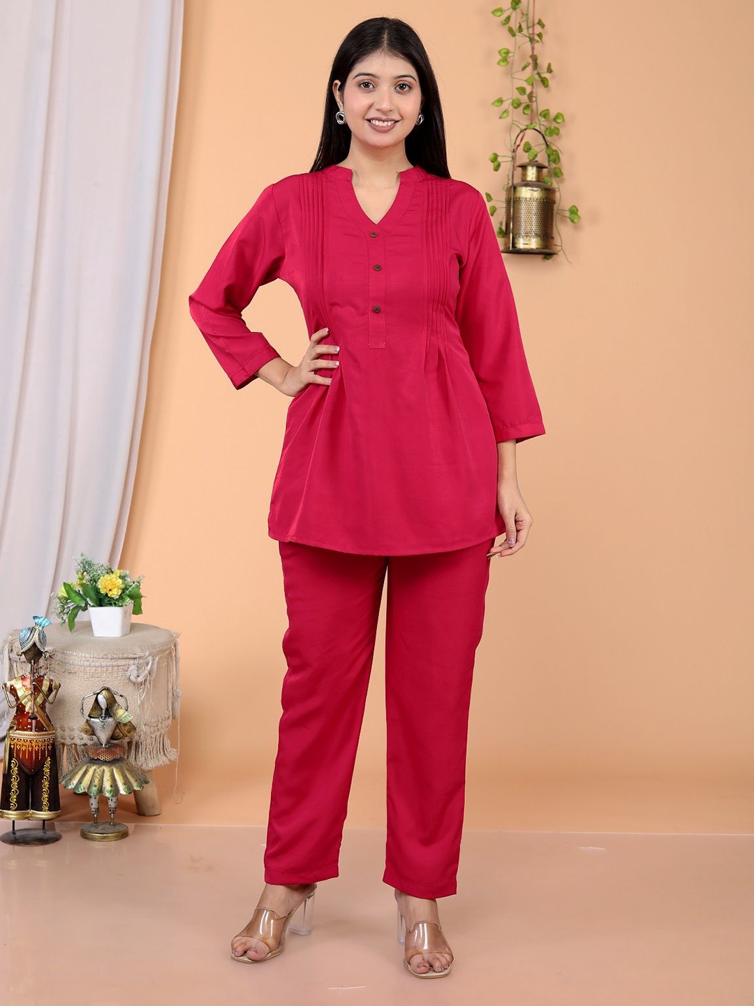 

Aasira Mandarin Collar Tunic With Trousers, Red