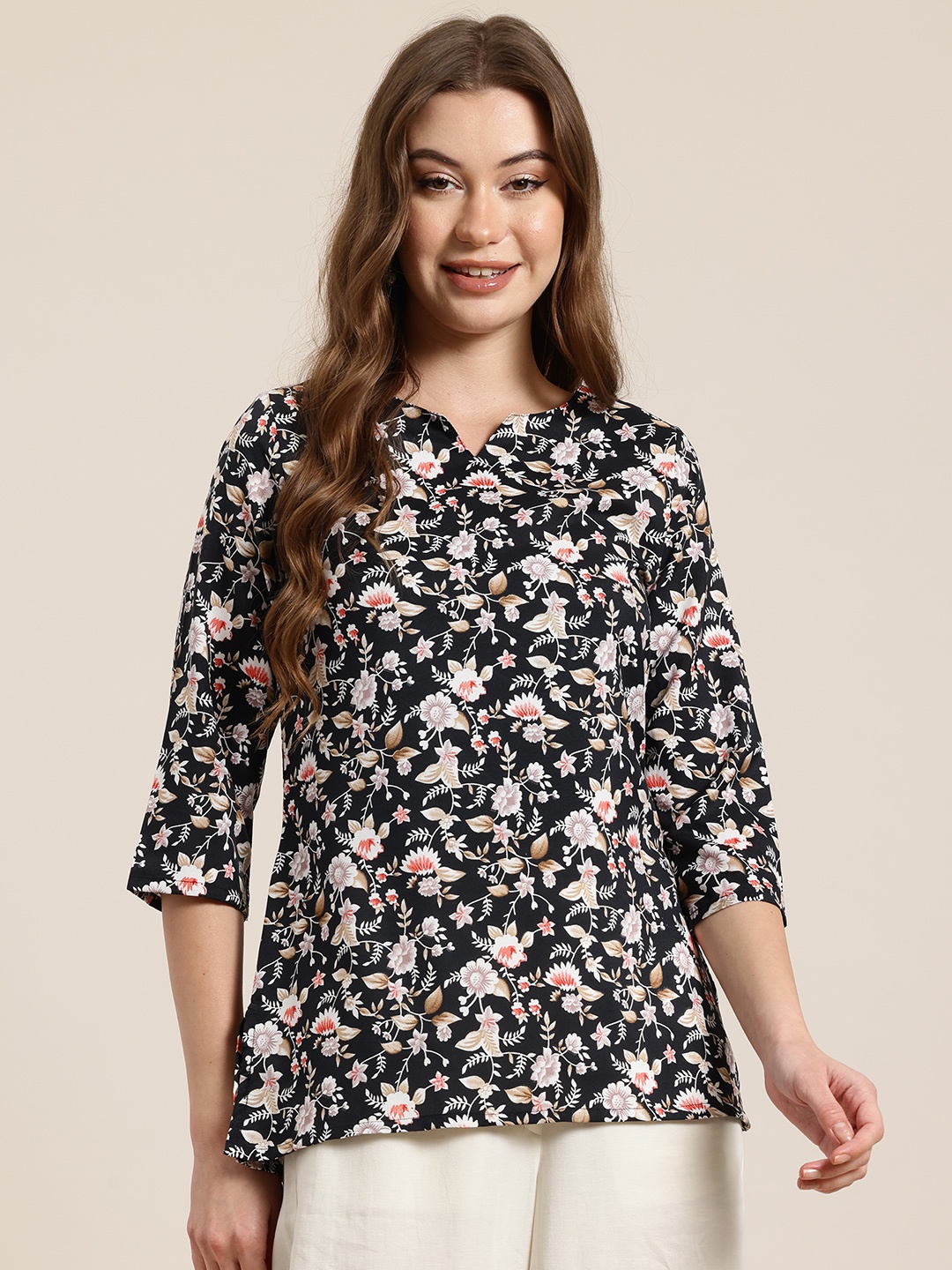 

HERE&NOW Floral Printed Straight Kurti, Black