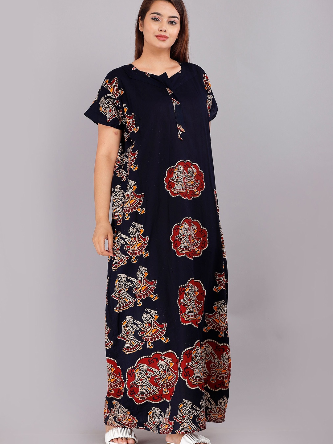 

PR PINK ROYAL Women Printed Pure Cotton Maxi Nightdress, Blue
