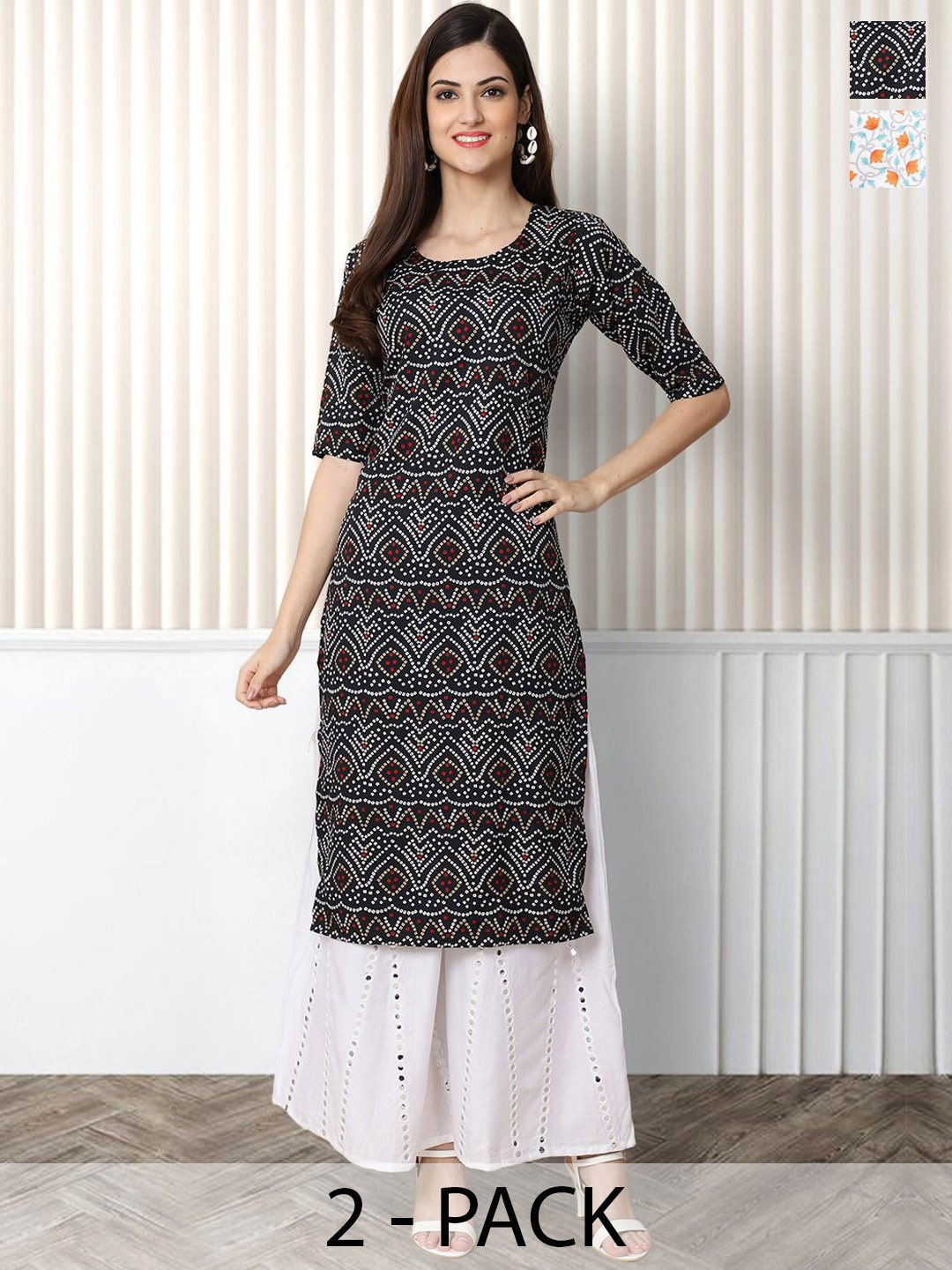 

Moda Rapido Pack of 2 Printed Round Neck Straight Kurtas, Black