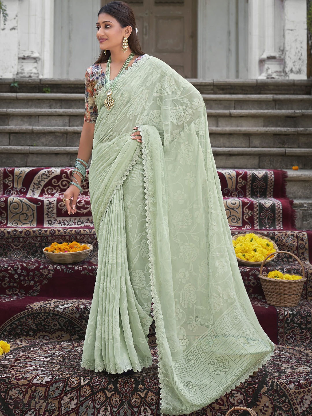 

A.V.M. SILK MILLS Woven Design Embroidered Pure Georgette Saree, Sea green