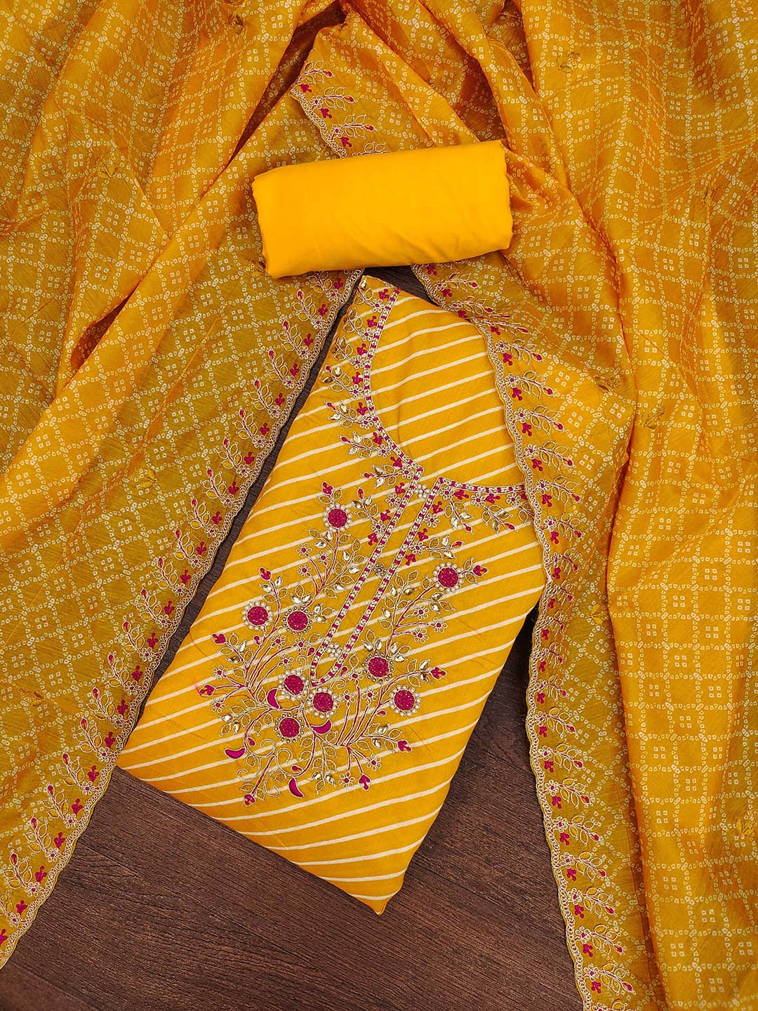

HERE&NOW Leheriya Printed Beads and Stones Unstitched Dress Material, Mustard