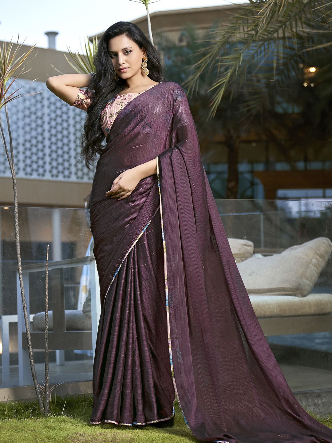 

NIRMAL CREATION Women Zari Pure Chiffon Saree, Burgundy