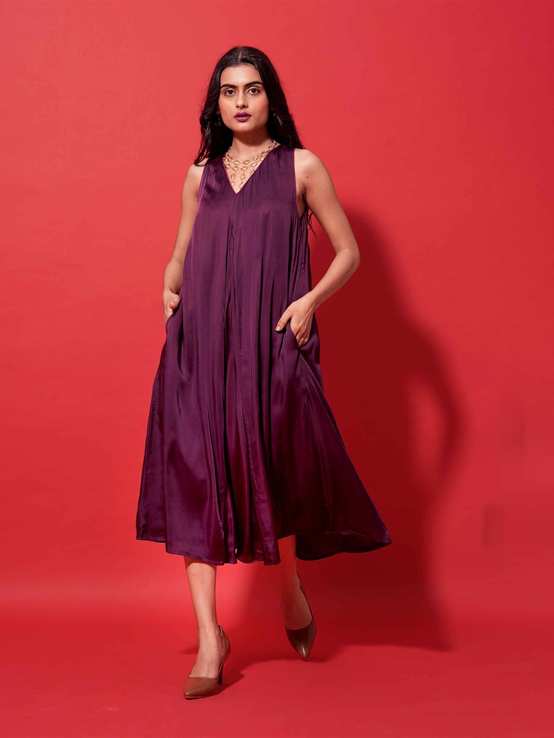 

the kaatn trail Satin Amara A-Line Midi Dress, Purple