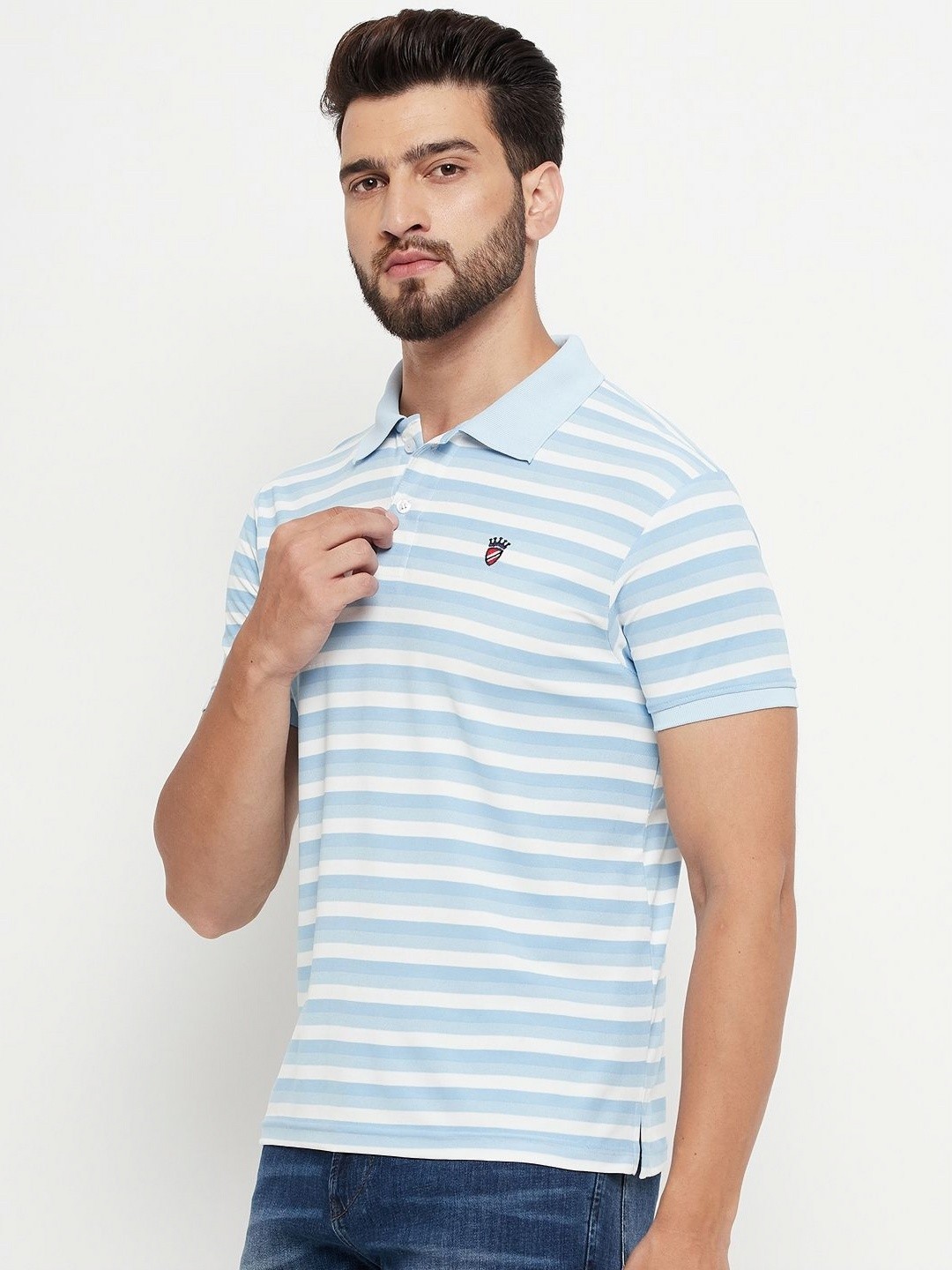 

RELANE Men Striped Polo Collar Cotton T-shirt, Turquoise blue