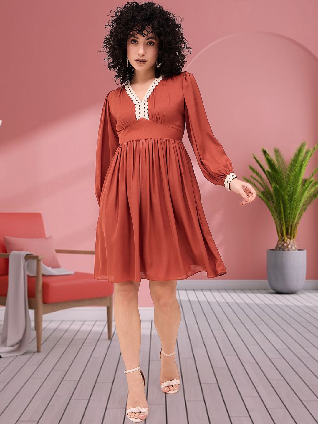 

DressBerry Puff Sleeve Crepe Fit & Flare Dress, Rust