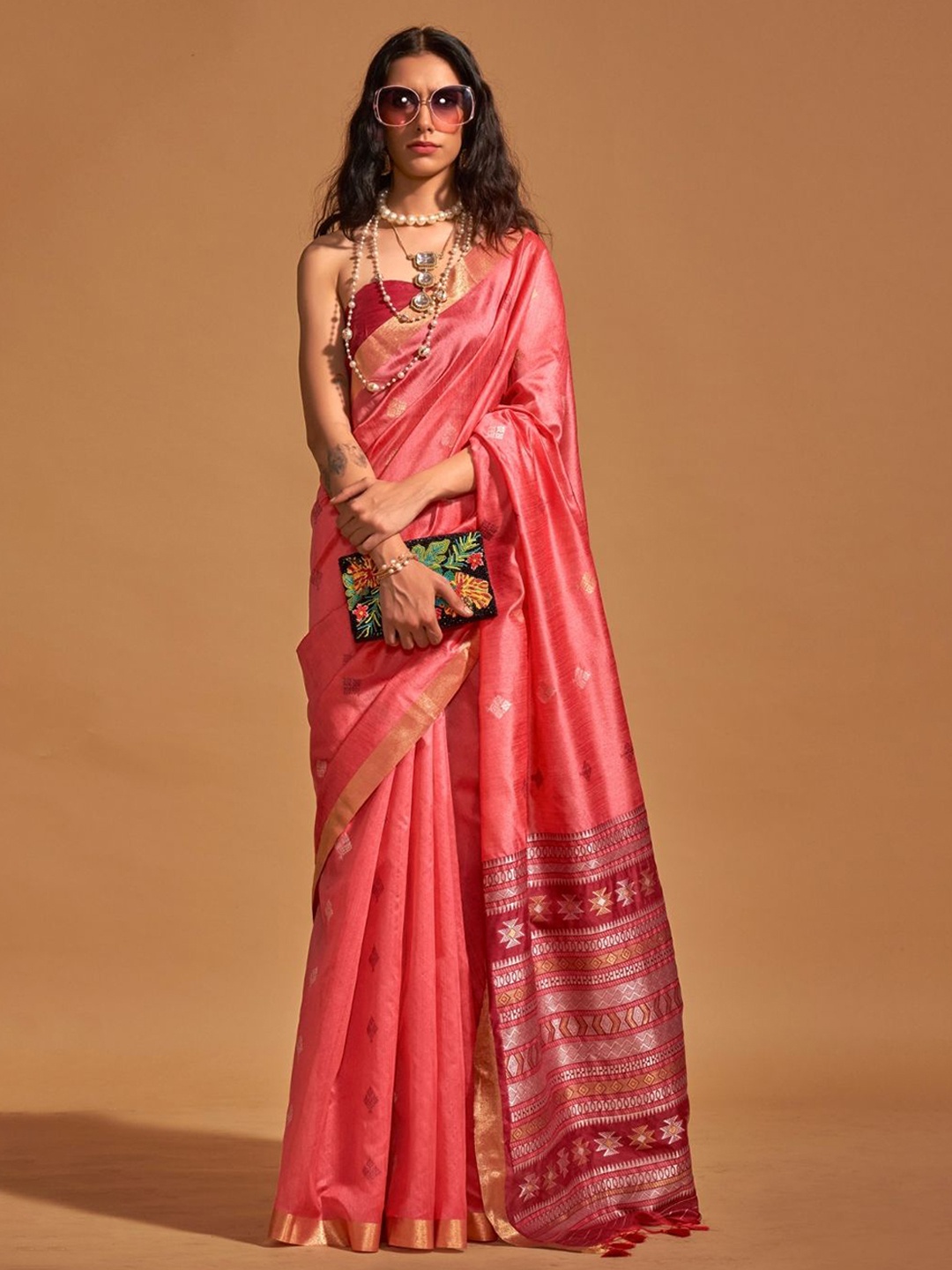 

BLENDIFY Woven Design Zari Silk Blend Banarasi Saree, Pink