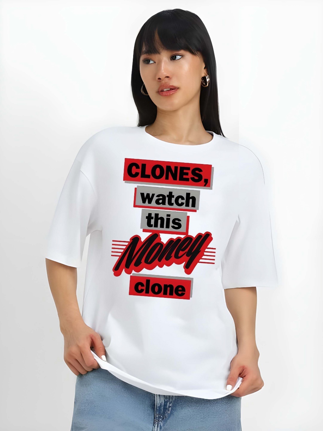 

SZN Women Typography Printed Round Neck Cotton Oversized T-shirt, White
