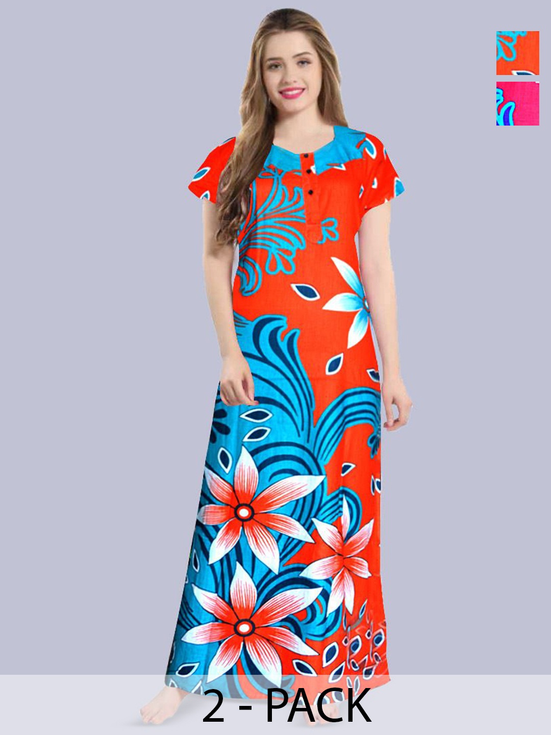 

PR PINK ROYAL Women Pack Of 2 Printed Pure Cotton Maxi Nightdress, Blue