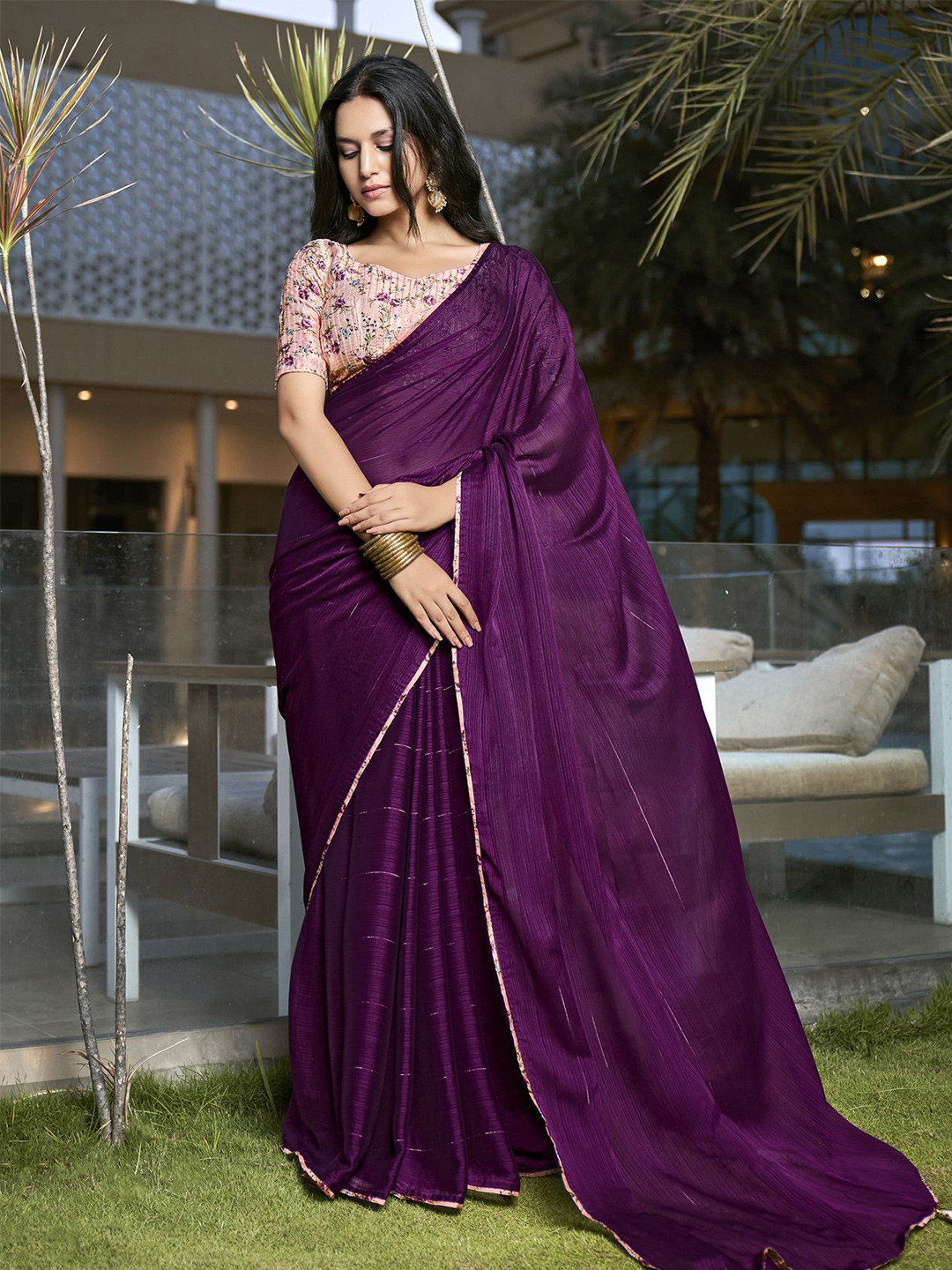 

NIRMAL CREATION Striped Printed Saree, Purple