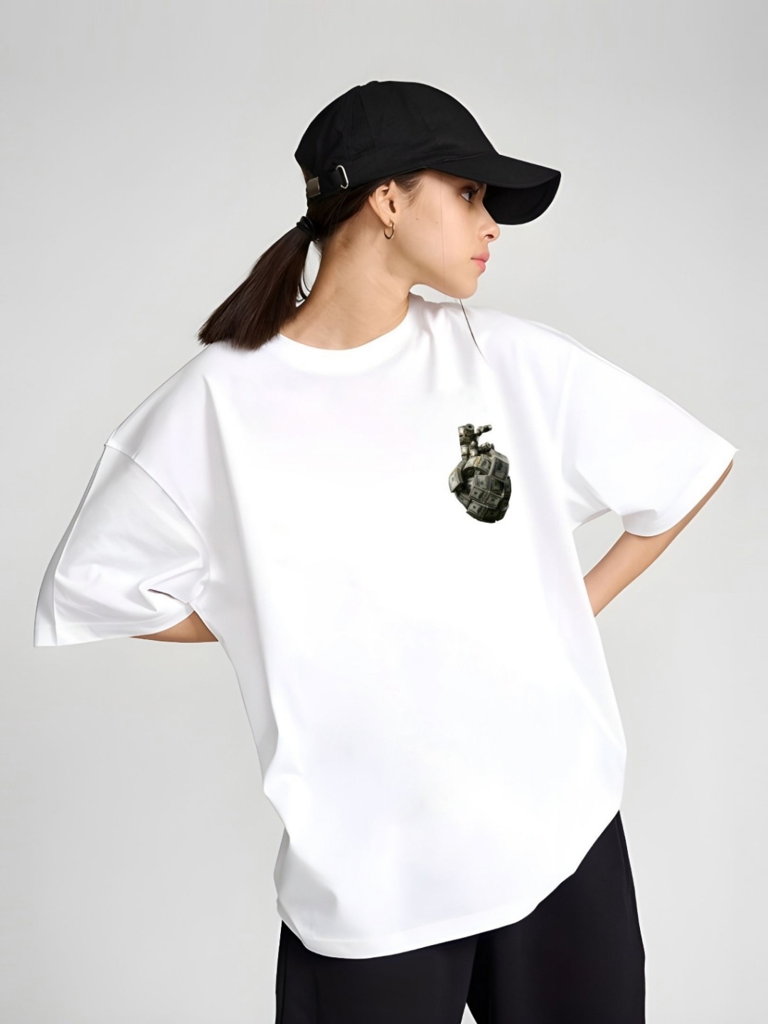 

DressBerry Women Graphic Printed Round Neck Cotton Oversized T-shirt, White