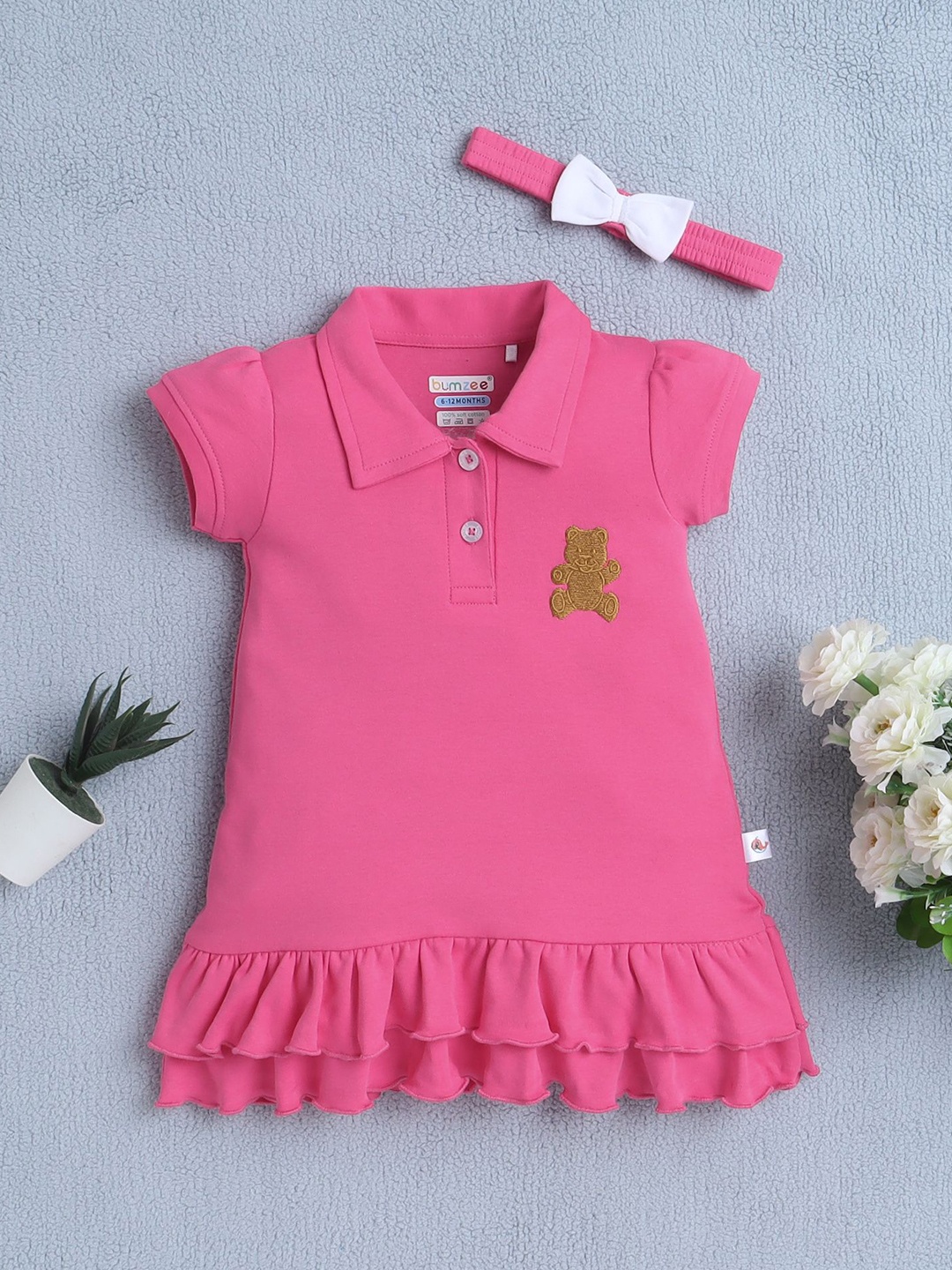 

BUMZEE Girls Shirt Collar Cotton A-Line Dress With Headband, Pink