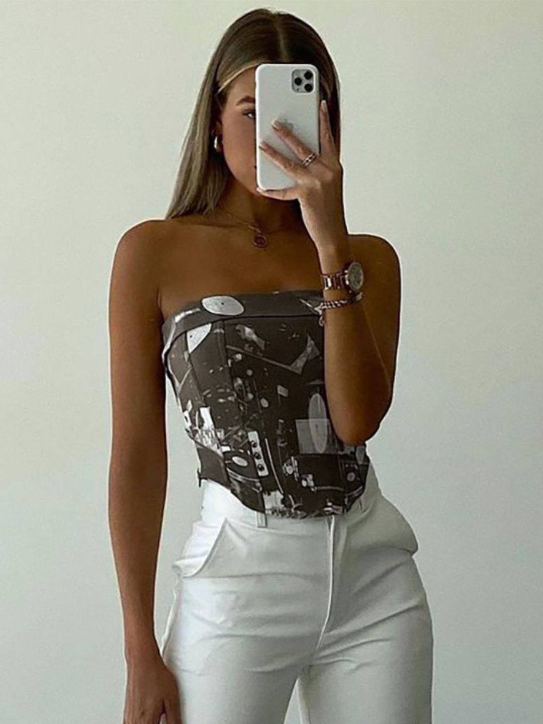 

StyleCast Women Abstract Printed Strapless Top, Grey