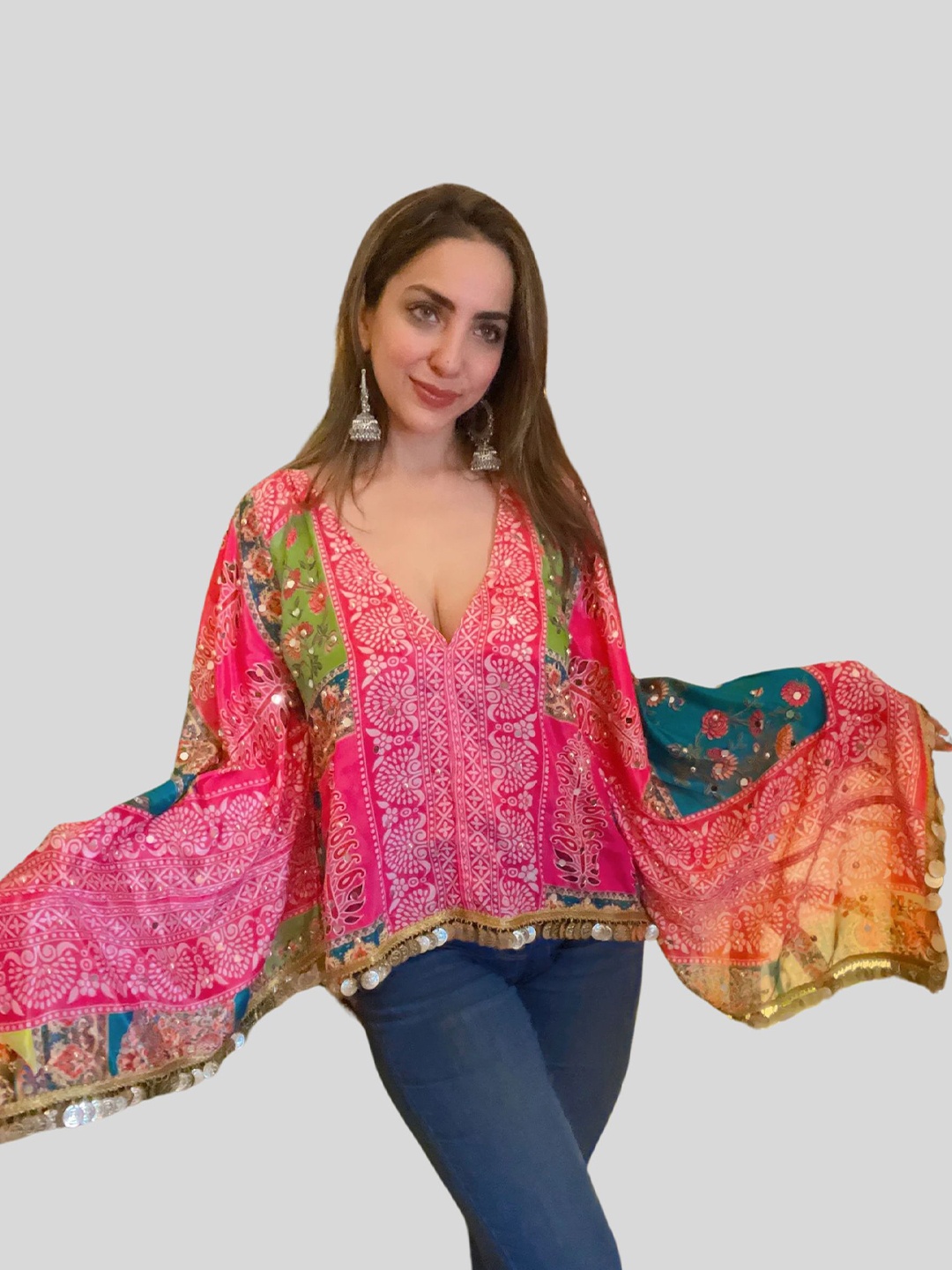 

The BANJARA TRAIL Women Printed Kimono Sleeve Bohemian Satin Kaftan long Top, Pink
