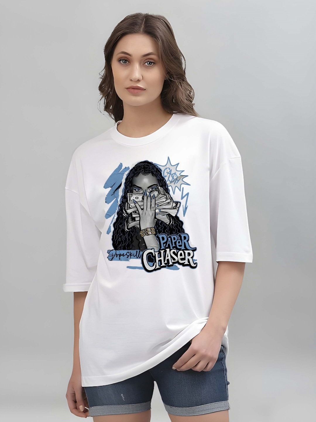 

SZN Women Graphic Printed Round Neck Cotton Oversized T-shirt, White