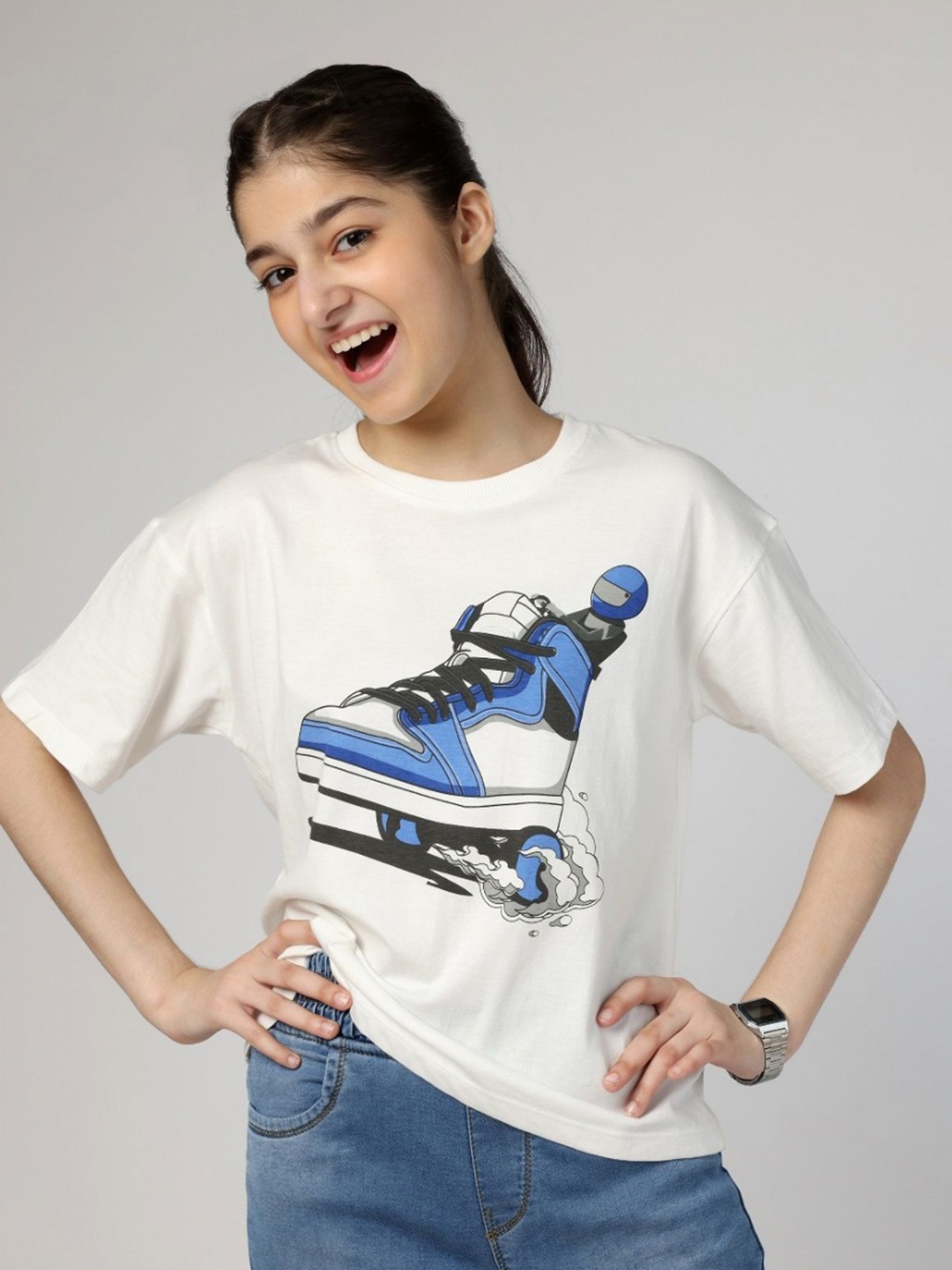 

Wakai Girls Graphic Printed Round Neck Cotton T-shirt, Off white