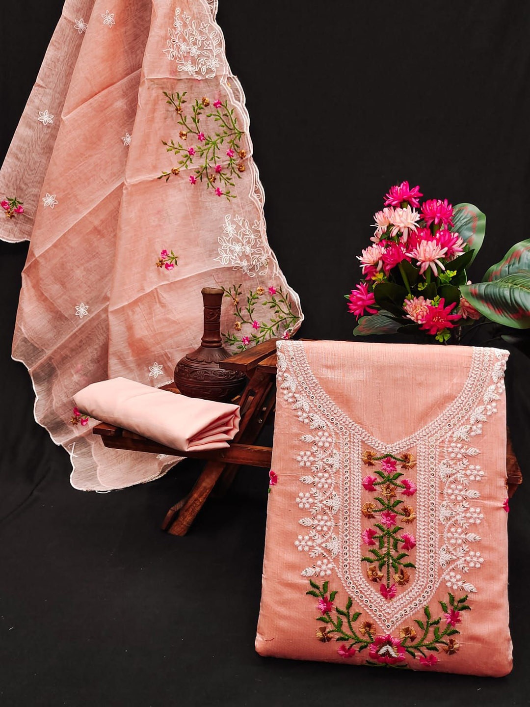 

BlissFlair Floral Embroidered Pure Cotton Unstitched Dress Material, Peach