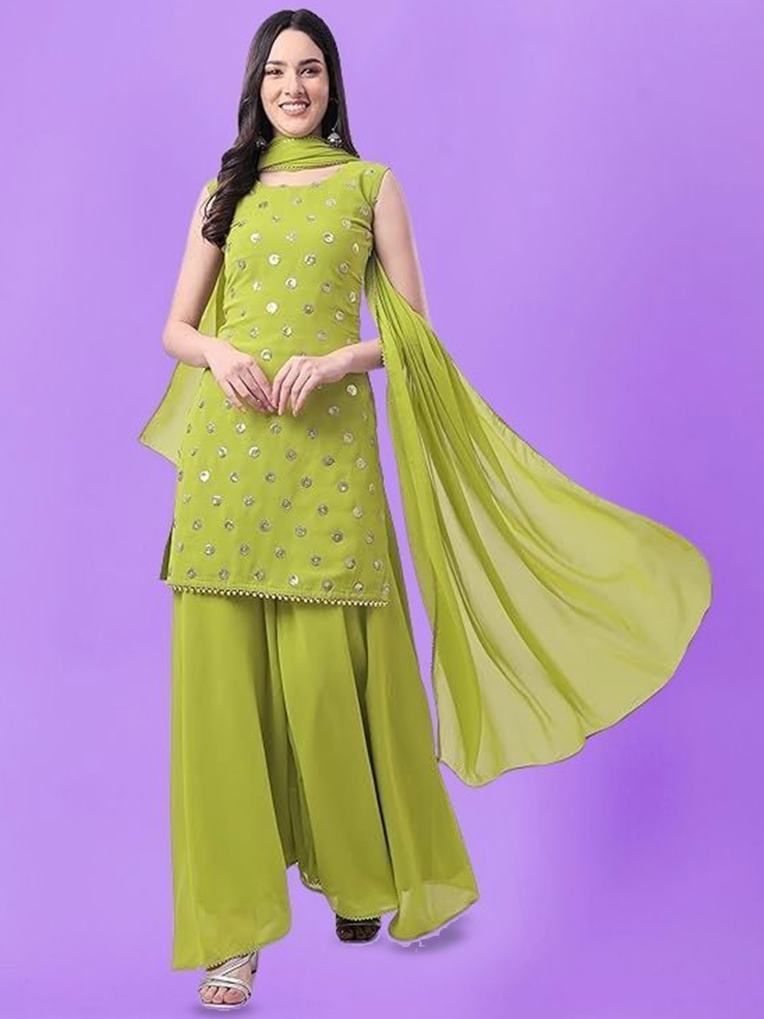 

PARROT CREATION Women Embroidered Regular Sequinned Kurta with Sharara & With Dupatta, Lime green