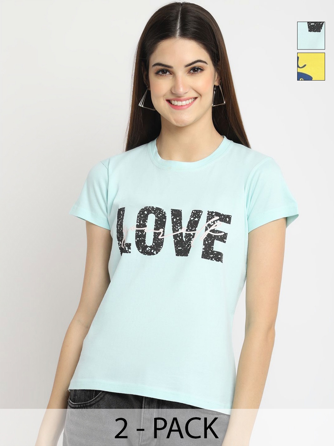 

Dreambe Women Pack Of 2 Typography Printed Round Neck Cotton T-shirts, Blue