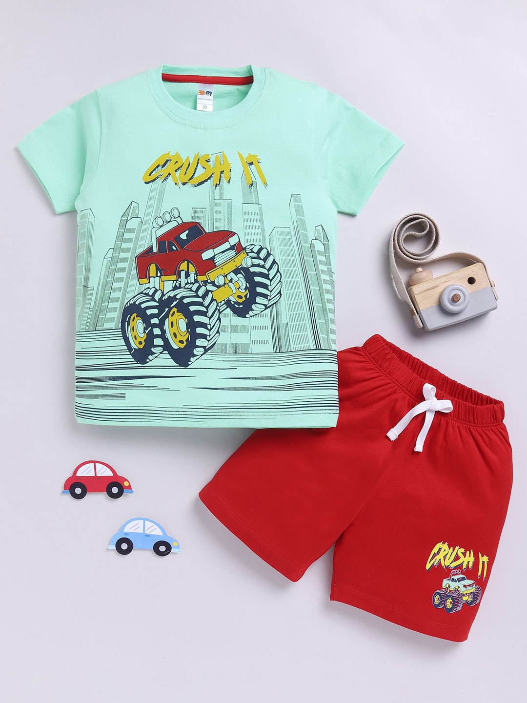 

LITTLE NINJA Boys Printed Round Neck Pure Cotton T-Shirt With Shorts, Green