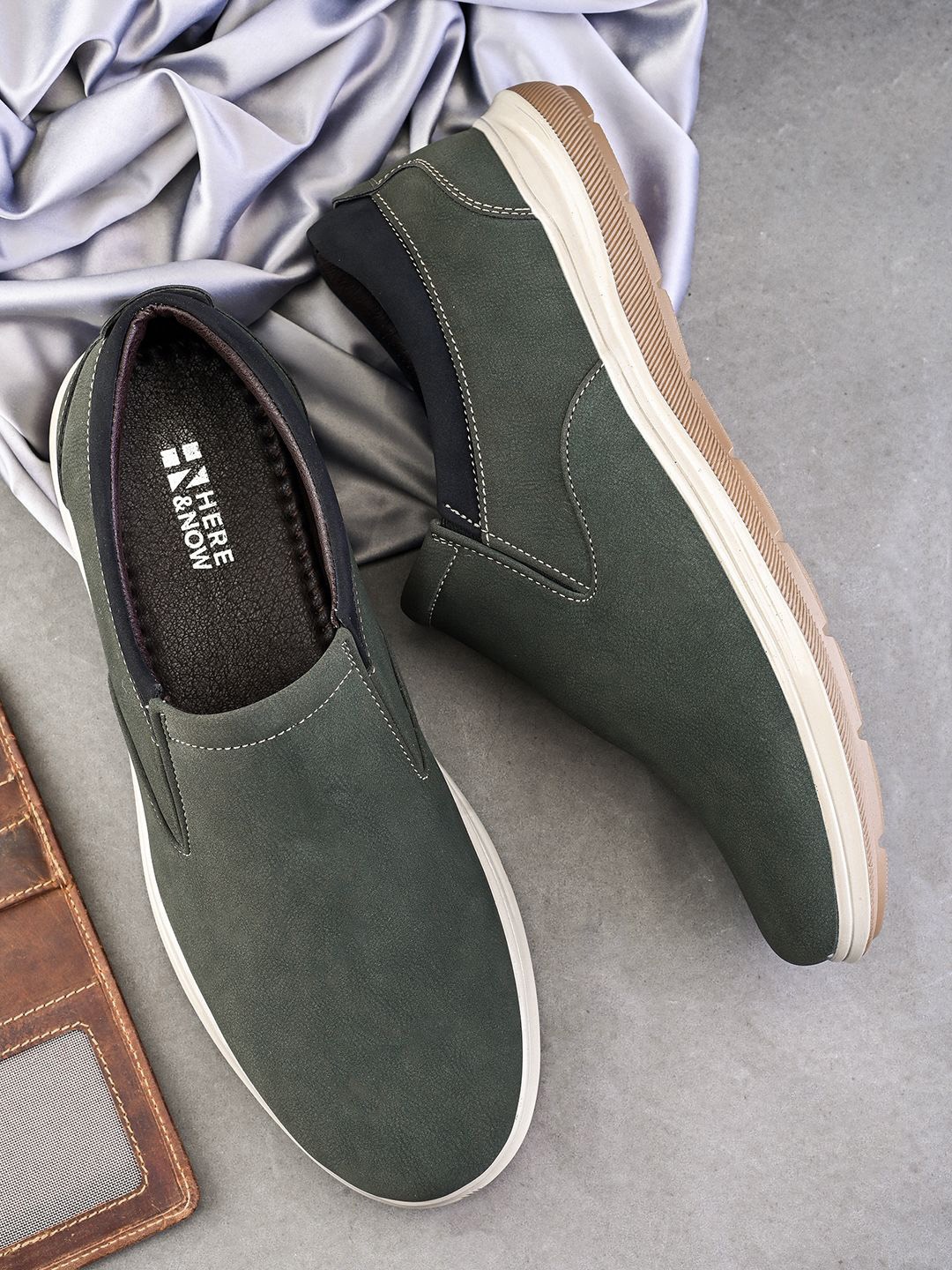 

HERE&NOW Men Nubuck Slip-On Sneakers, Olive