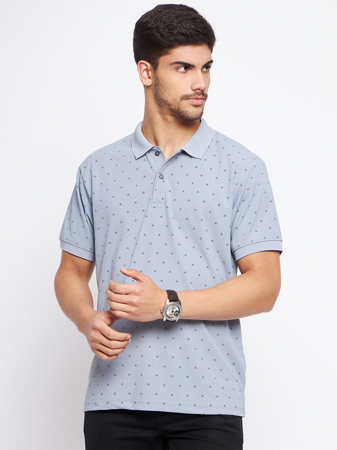 

NYKER Men Geometric Printed Polo Collar Cotton T-shirt, Blue