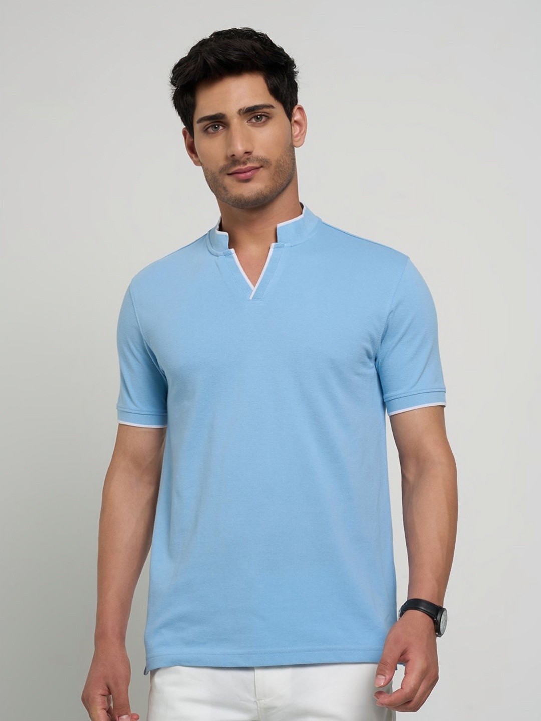 

Peregrine by Pantaloons Men Solid Mandarin Collar Cotton Slim Fit T-shirt, Blue