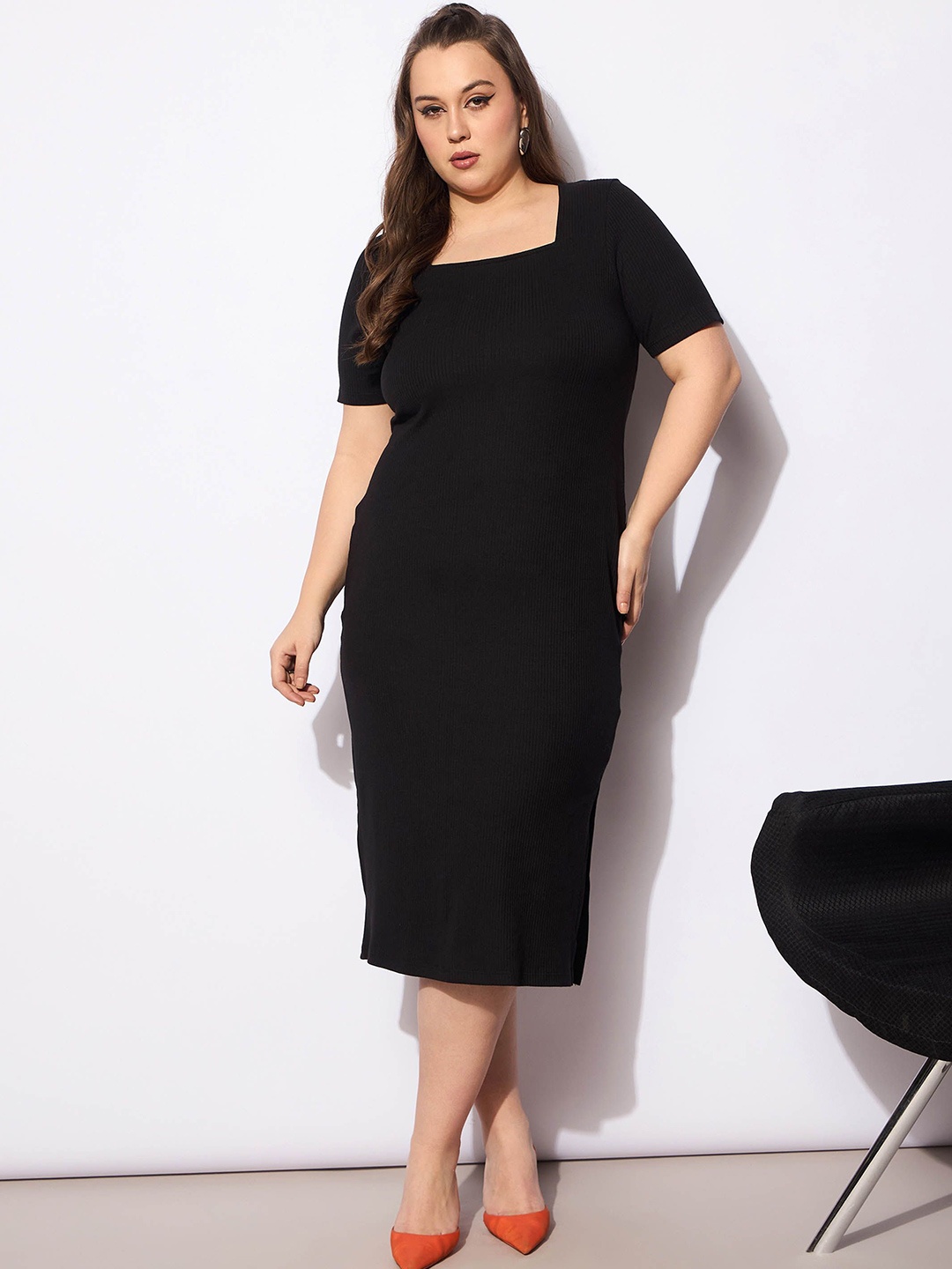 

SASSAFRAS Curve Women Square Neck Sheath Midi Dress, Black