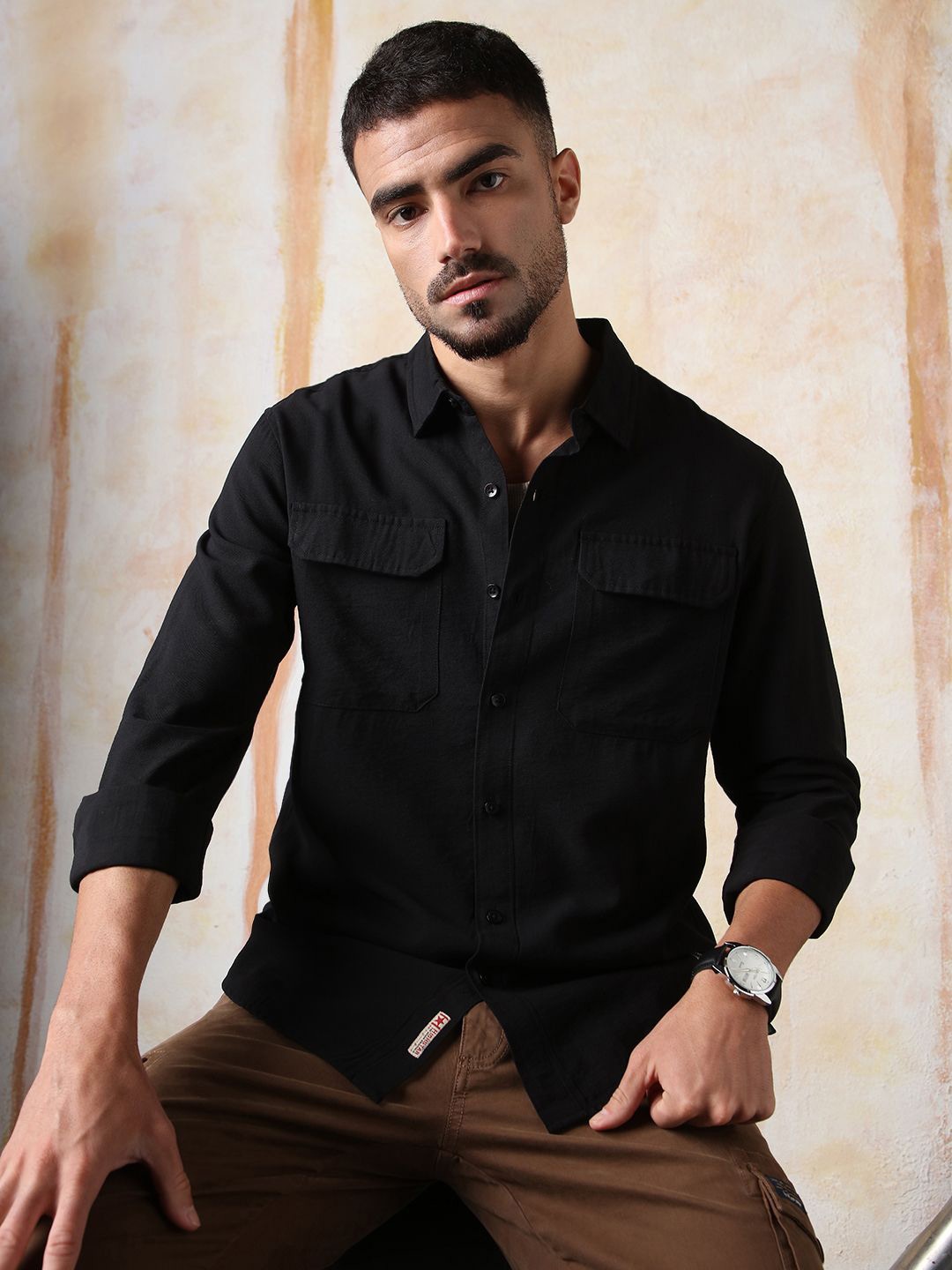 

High Star Men Relaxed Fit Spread Collar Double Flap pocket utility Solid Textured Casual Shirt, Black