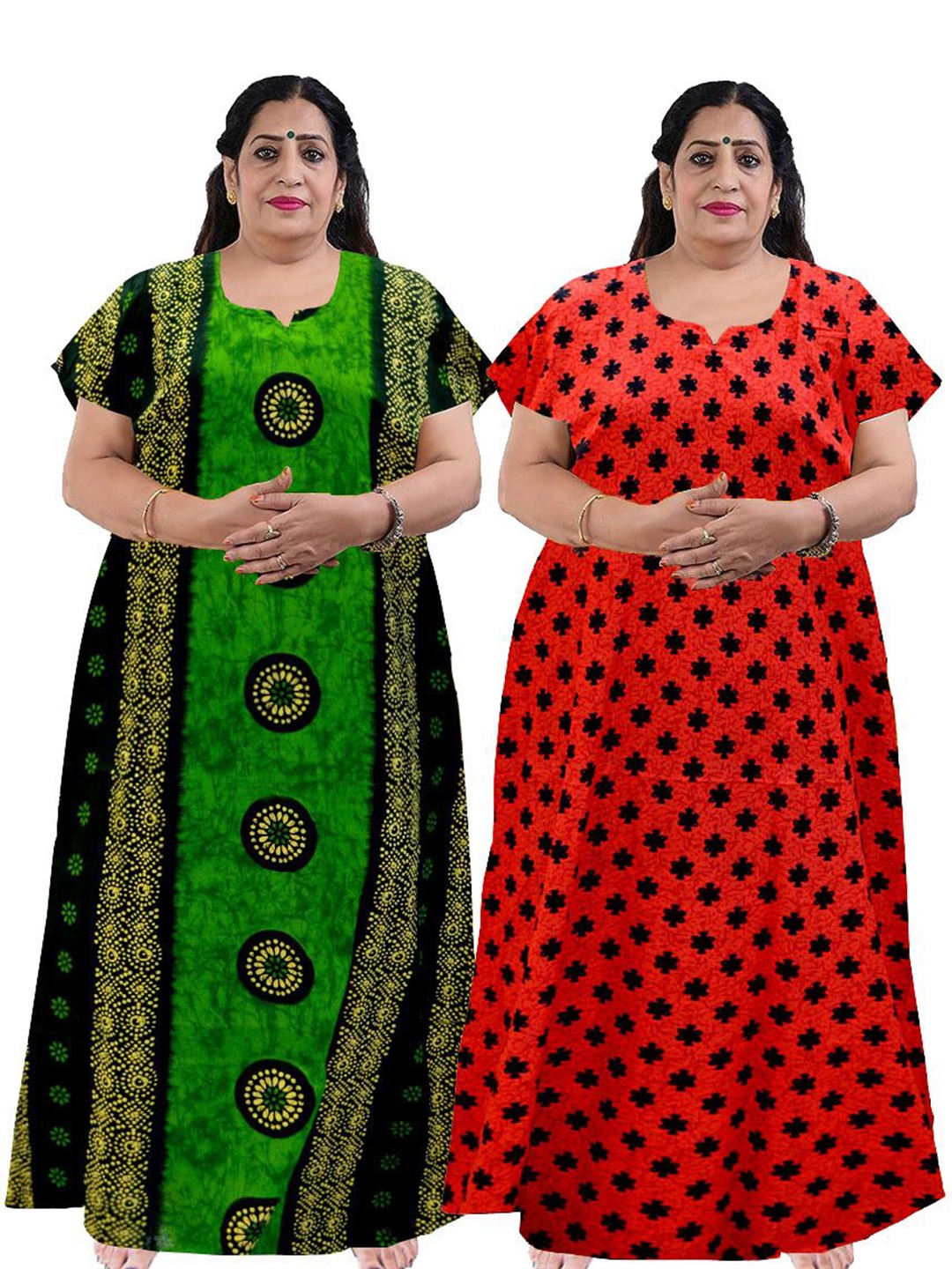 

PR PINK ROYAL Women Plus Size Pack Of 2 Pure Cotton Printed Maxi Nightdress, Green