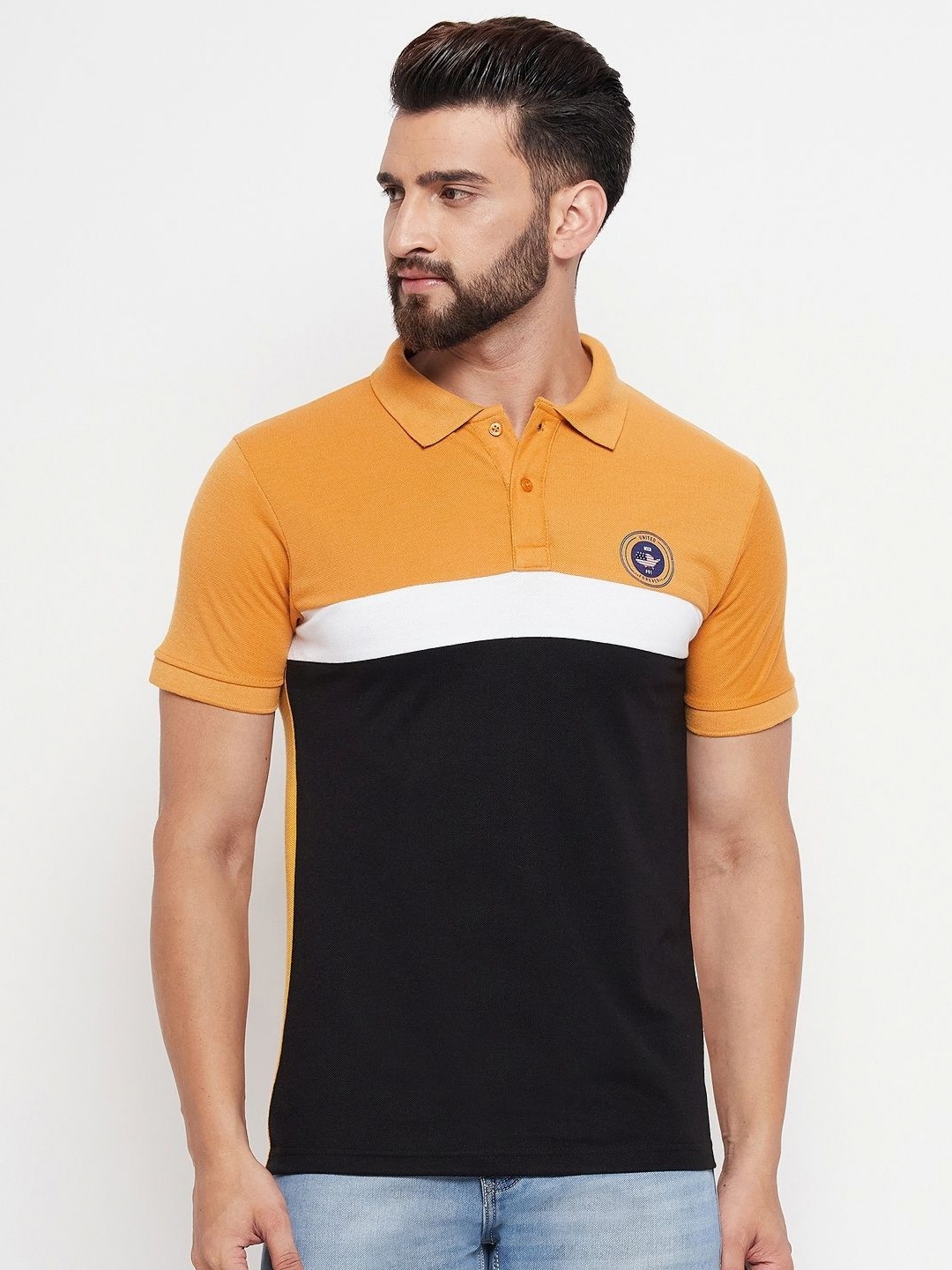 

NYKER Men Colourblocked Polo Collar Cotton T-shirt, Black