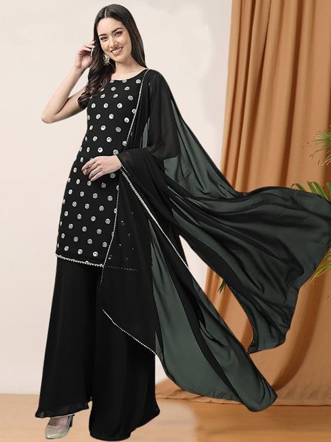 

PARROT CREATION Geometric Embroidered Georgette Straight Kurti With Sharara & Dupatta, Black