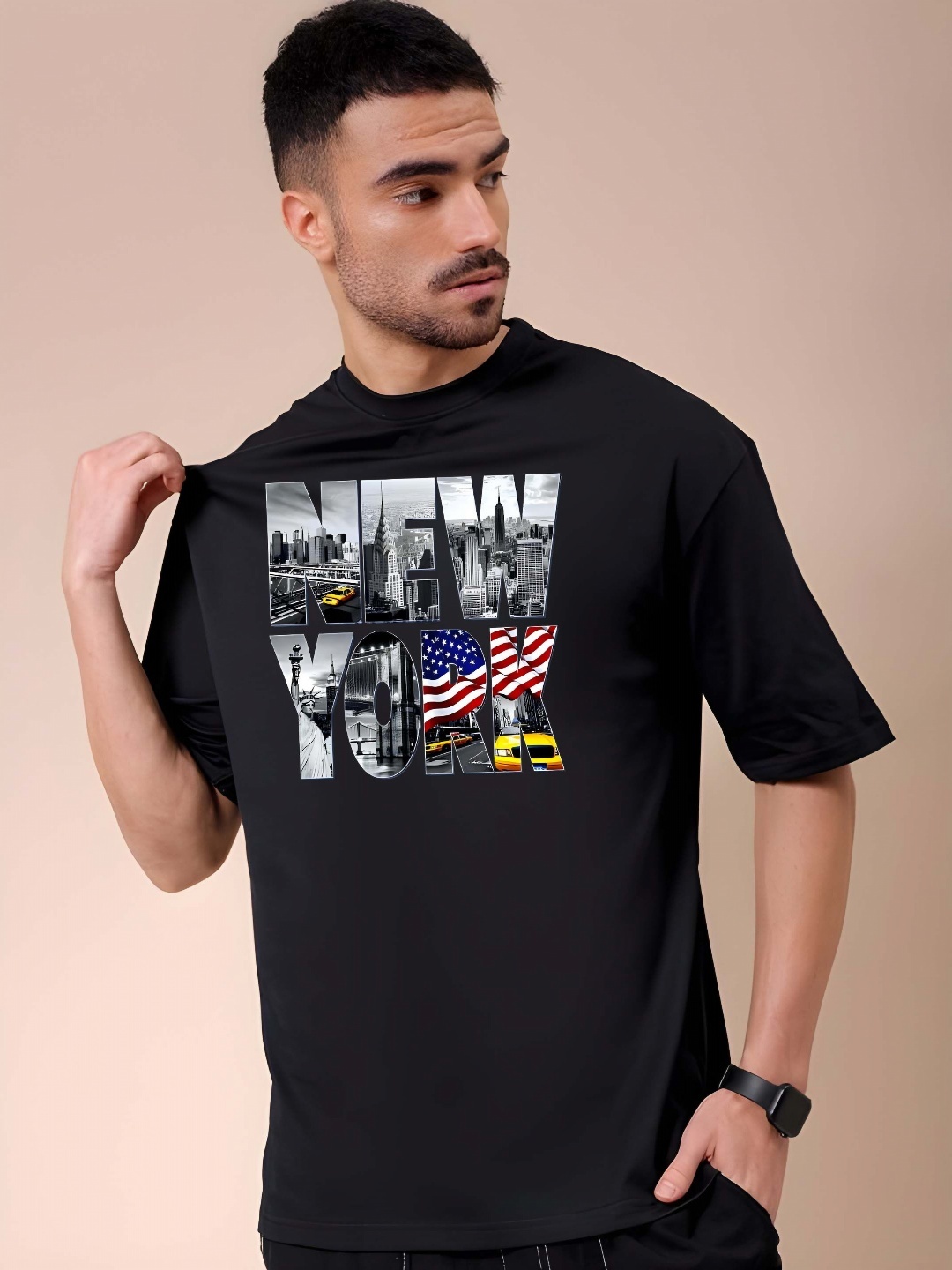 

SZN Men Graphic Printed Round Neck Cotton Oversized T-shirt, Black