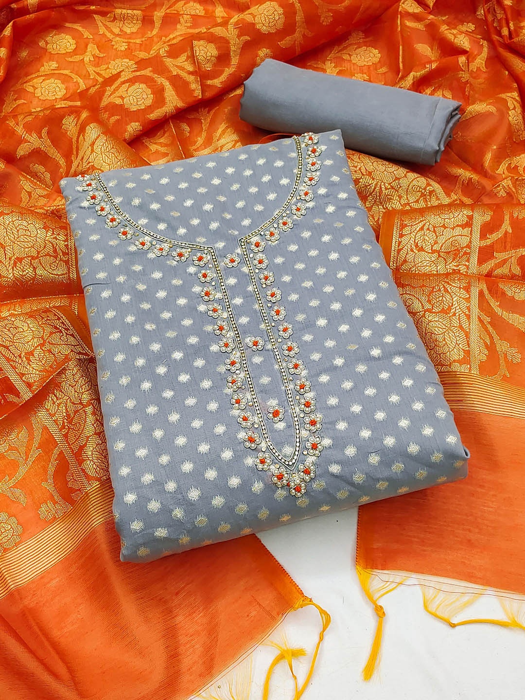 

HERE&NOW Polka Dots Woven Design Beads And Stones Unstitched Dress Material, Grey