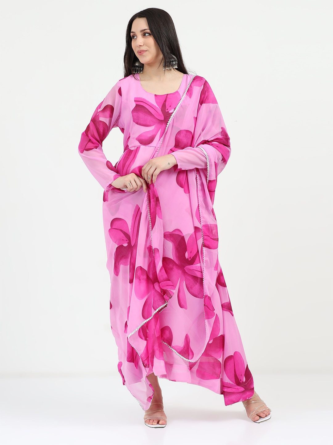 

Femvy Women Floral Printed Fit and Flare Maxi Dress With Dupatta, Pink