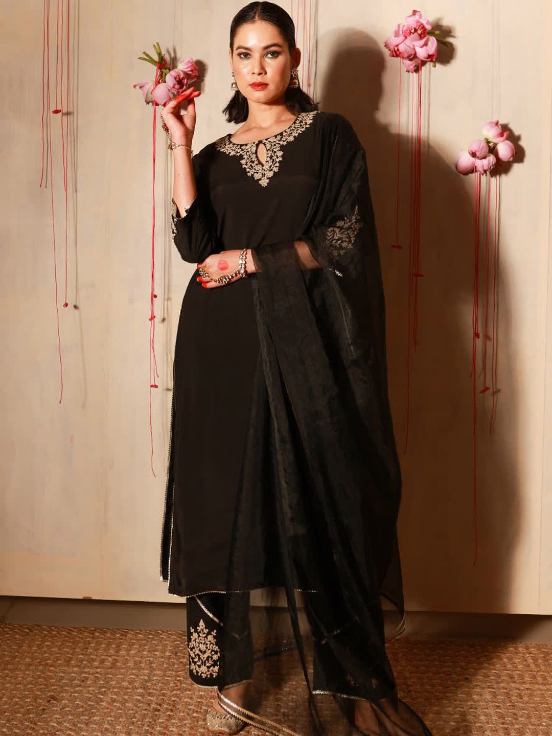 

Sangria Black Floral Embroidered Poly Chanderi Straight Kurta With Trousers & Dupatta