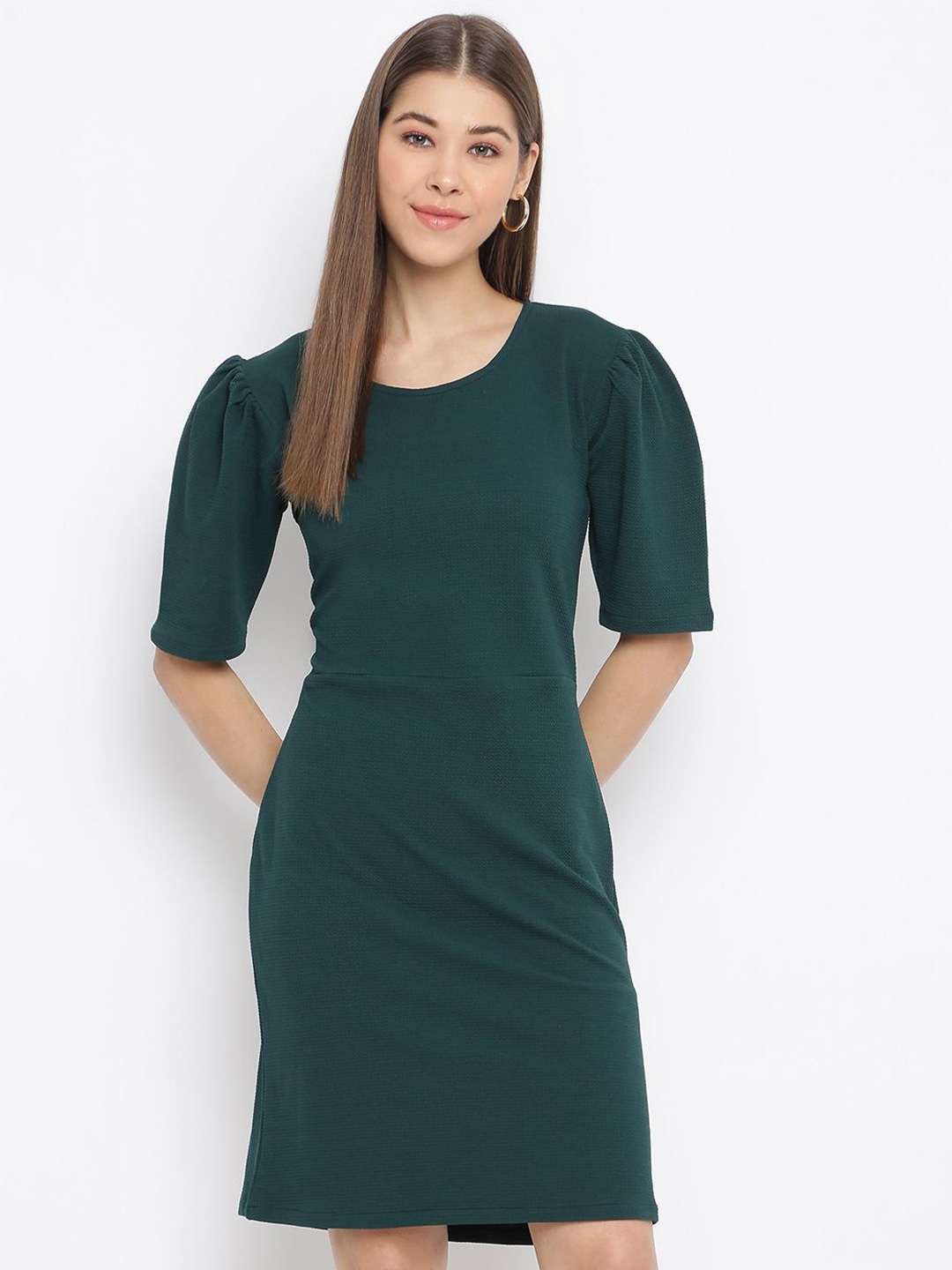 

DressBerry Women Puff Sleeve Sheath Knee Length Dress, Green