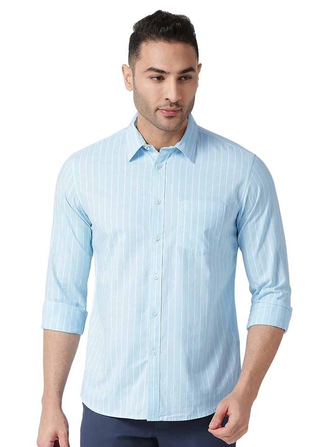 

Basics Men Relaxed Fit Spread Collar Vertical Striped Cotton Casual Shirt, Blue