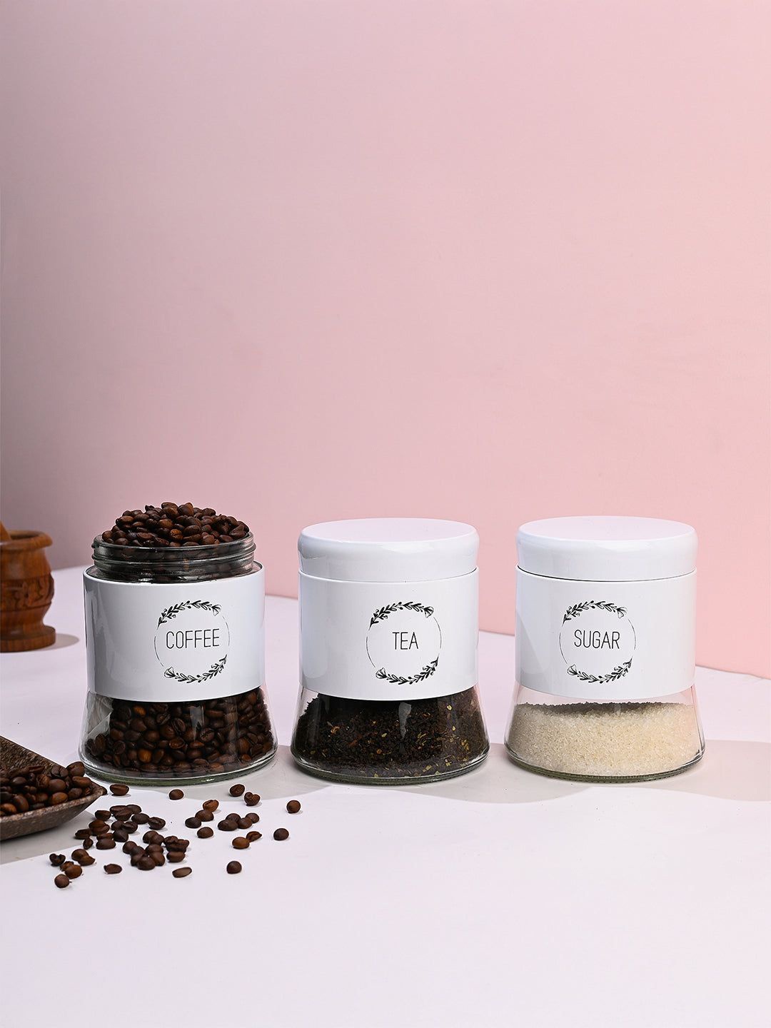 

MARKET99 White & Black 3 Pieces Printed Glass Coffee, Tea & Sugar Jar 600ml